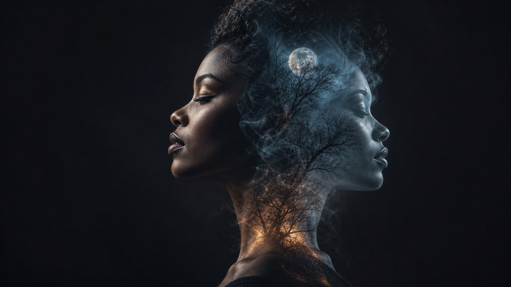 Intentional double-exposure portrait with two controlled profiles and moonlit branches