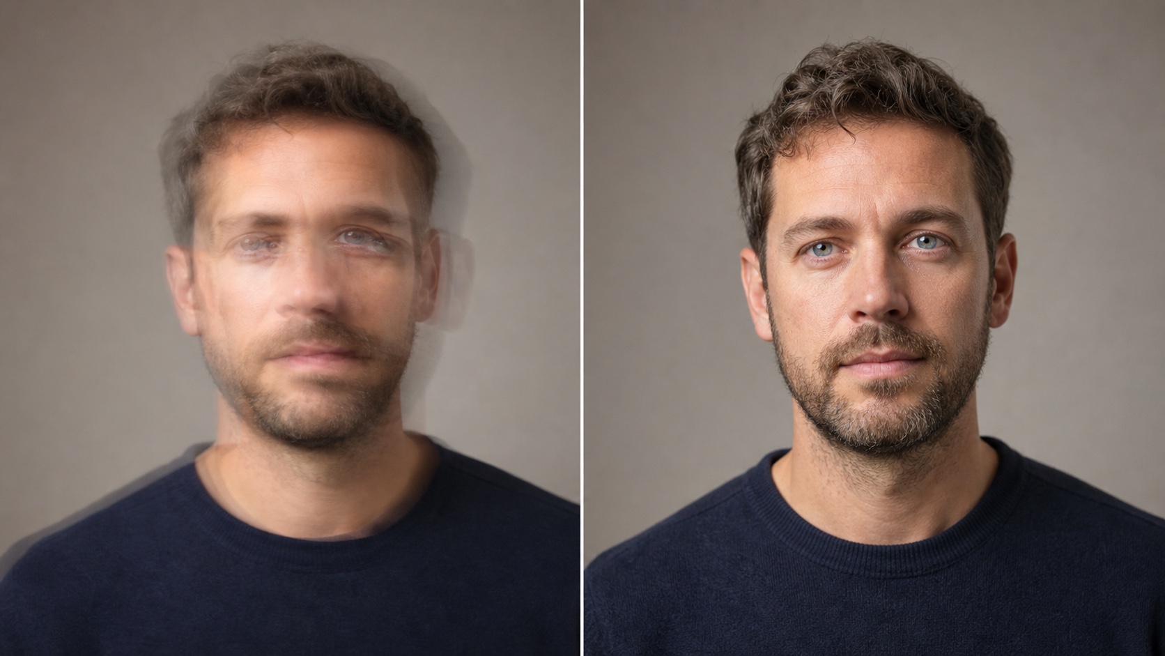The same portrait with accidental facial ghosting on the left and a clean restored result on the right
