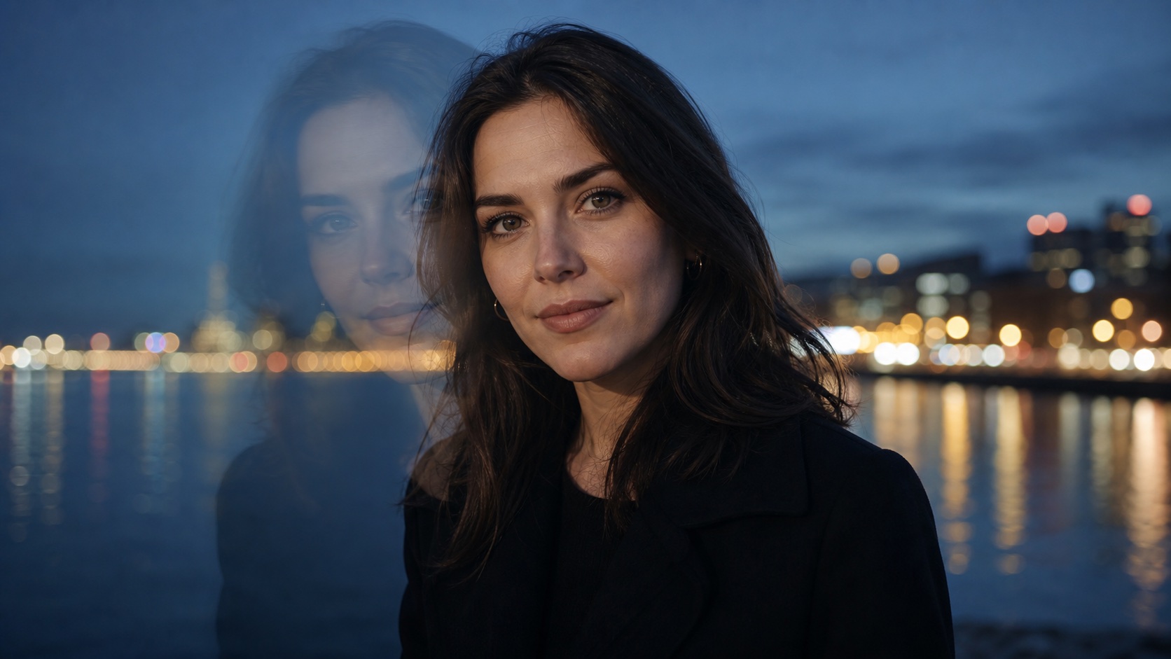 Subtle long-exposure portrait with one sharp face and one translucent echo