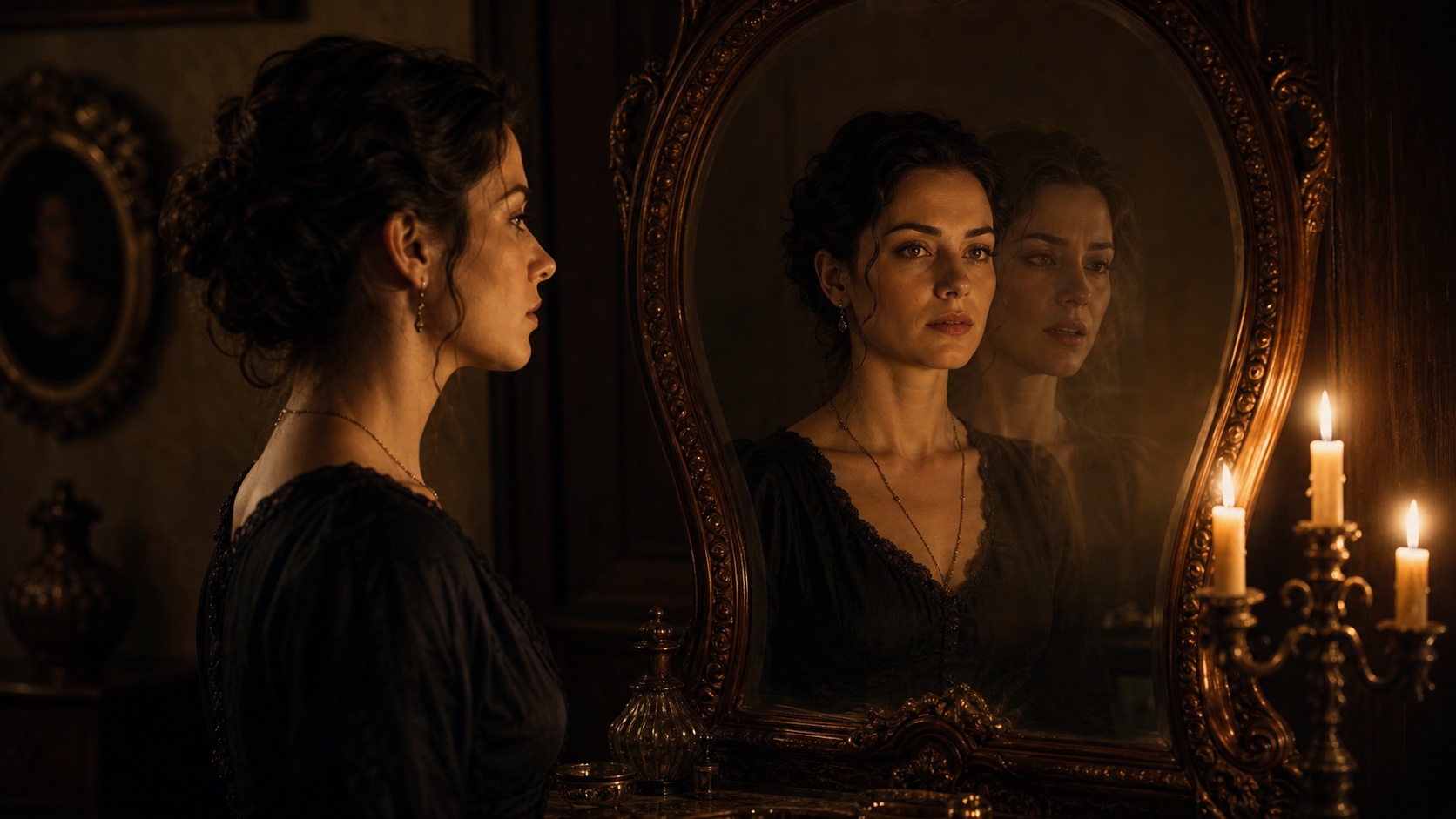 Candlelit antique mirror portrait with a delayed translucent reflection