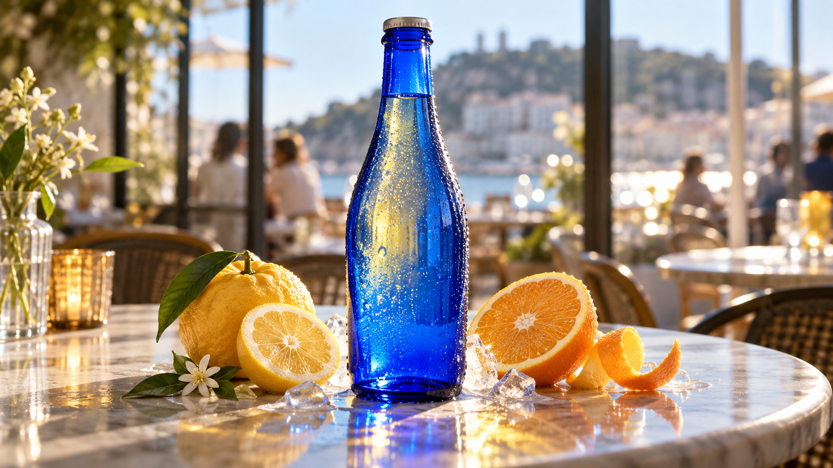 Finished product-film frame of a condensation-covered citrus bottle on a luminous café table
