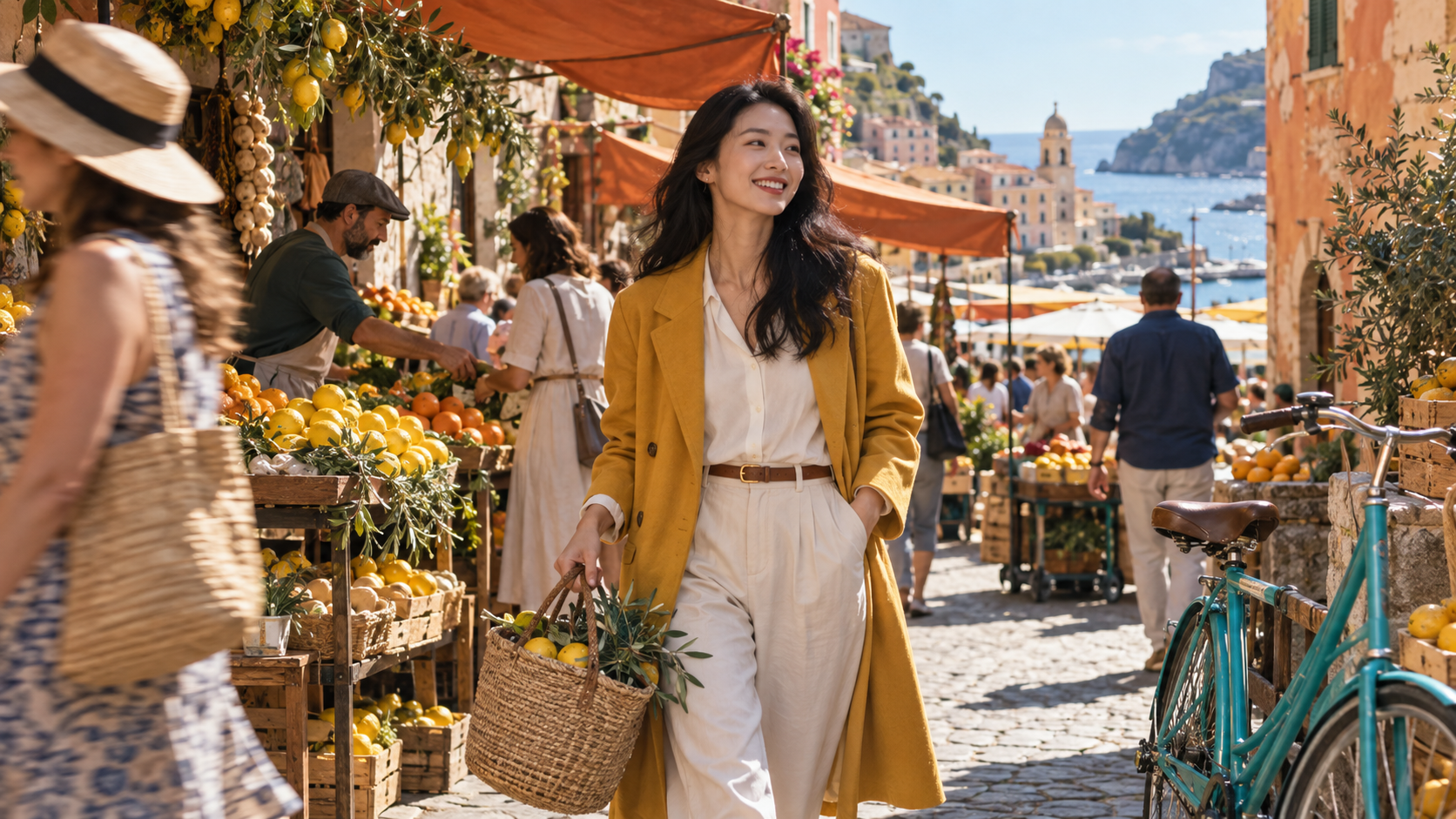 Finished travel-film frame of a woman crossing a sunlit market with consistent wardrobe and environment