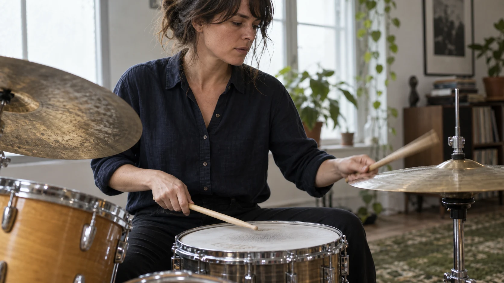 Illustrative close action frame of a drummer striking snare and cymbal