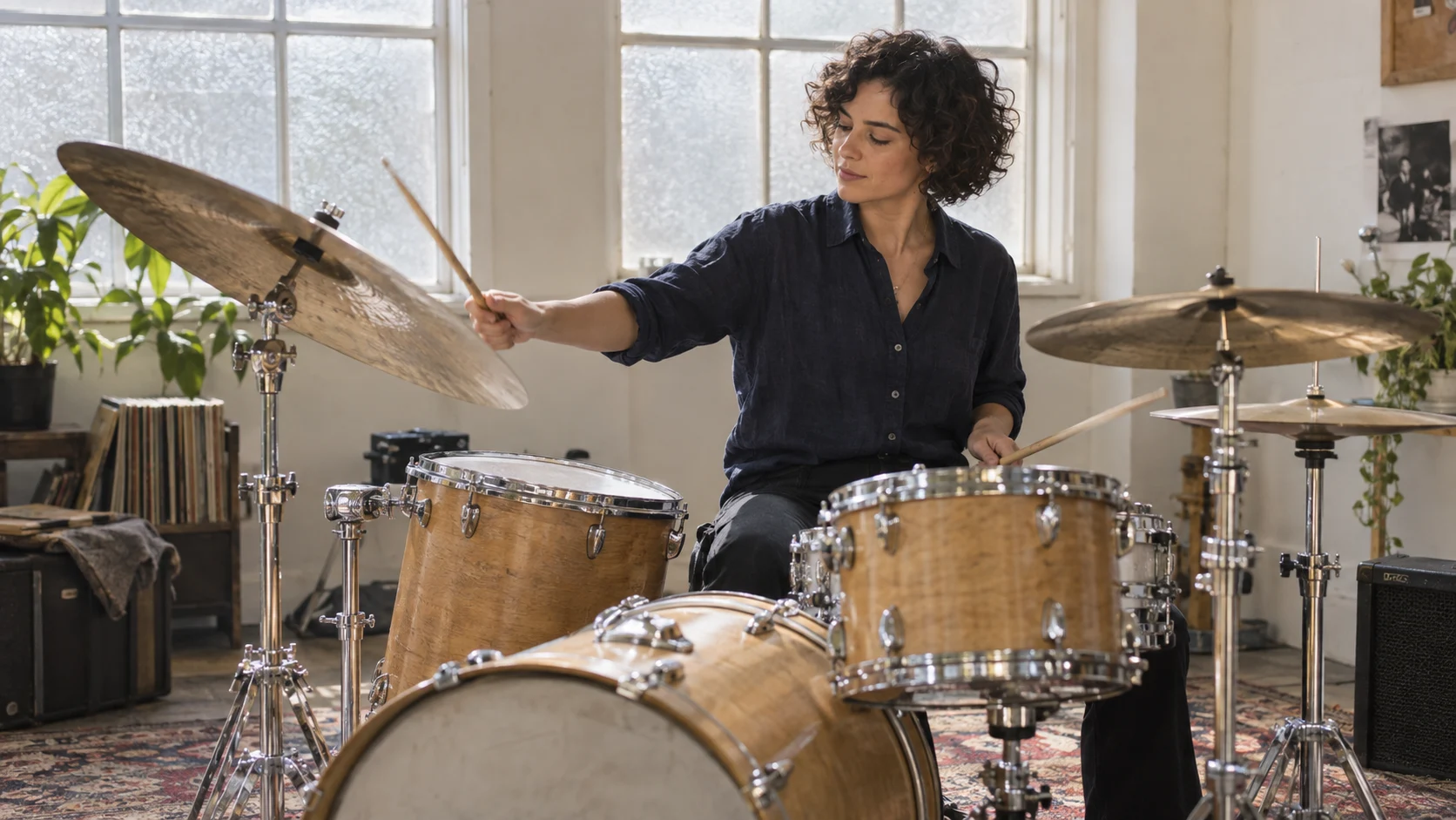 Illustrative final performance frame of a drummer finishing a cymbal accent