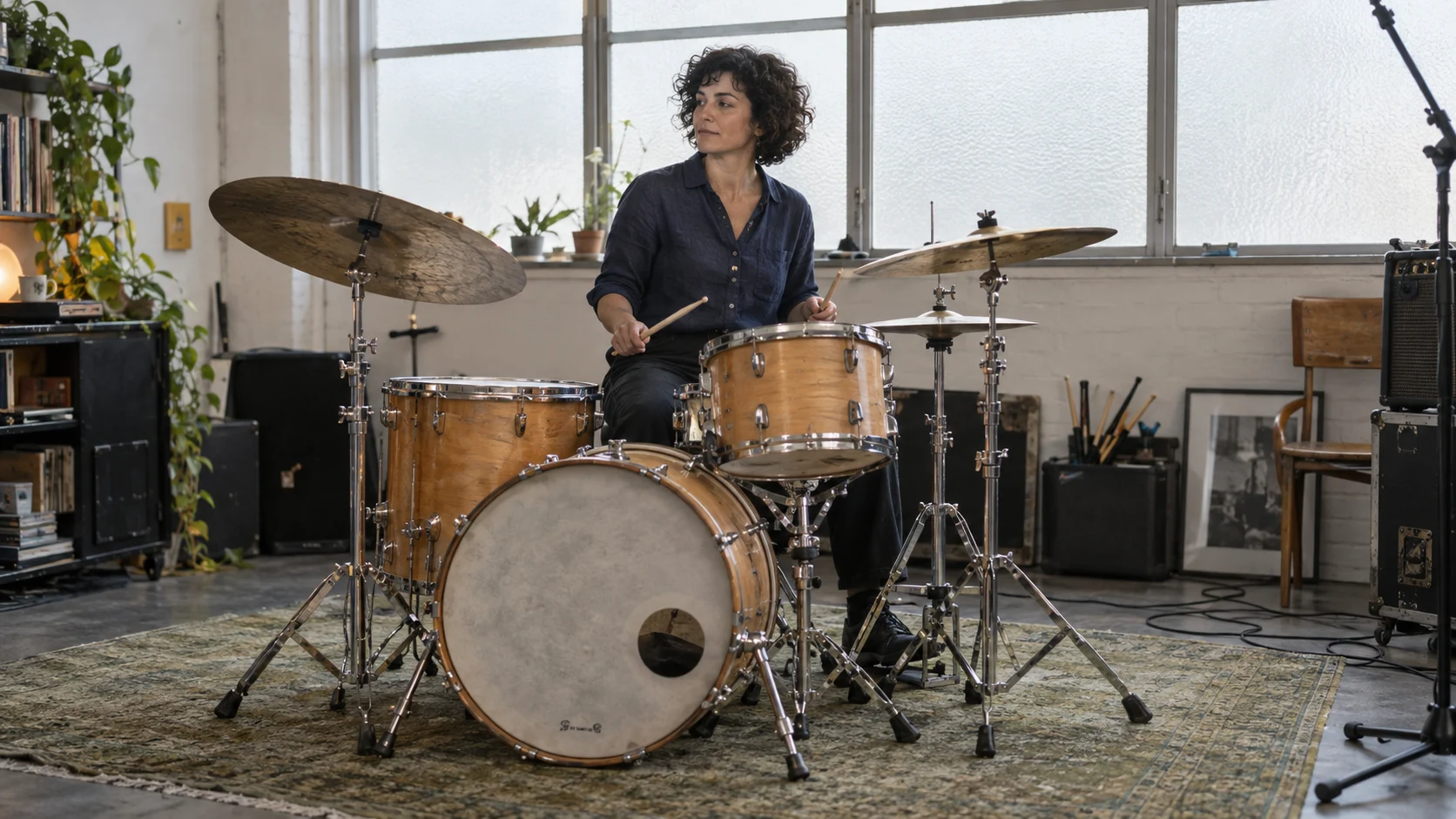 Illustrative source frame of a drummer in a daylight rehearsal room