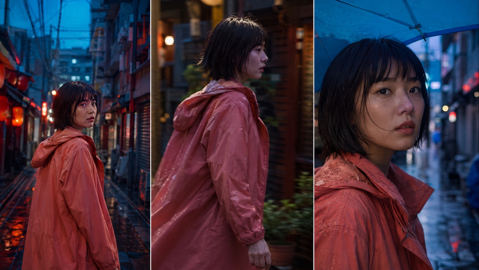 Three finished cinematic frames preserve the same woman, coral raincoat, rainy alley, and lighting from the opening pose through motion to the final close-up