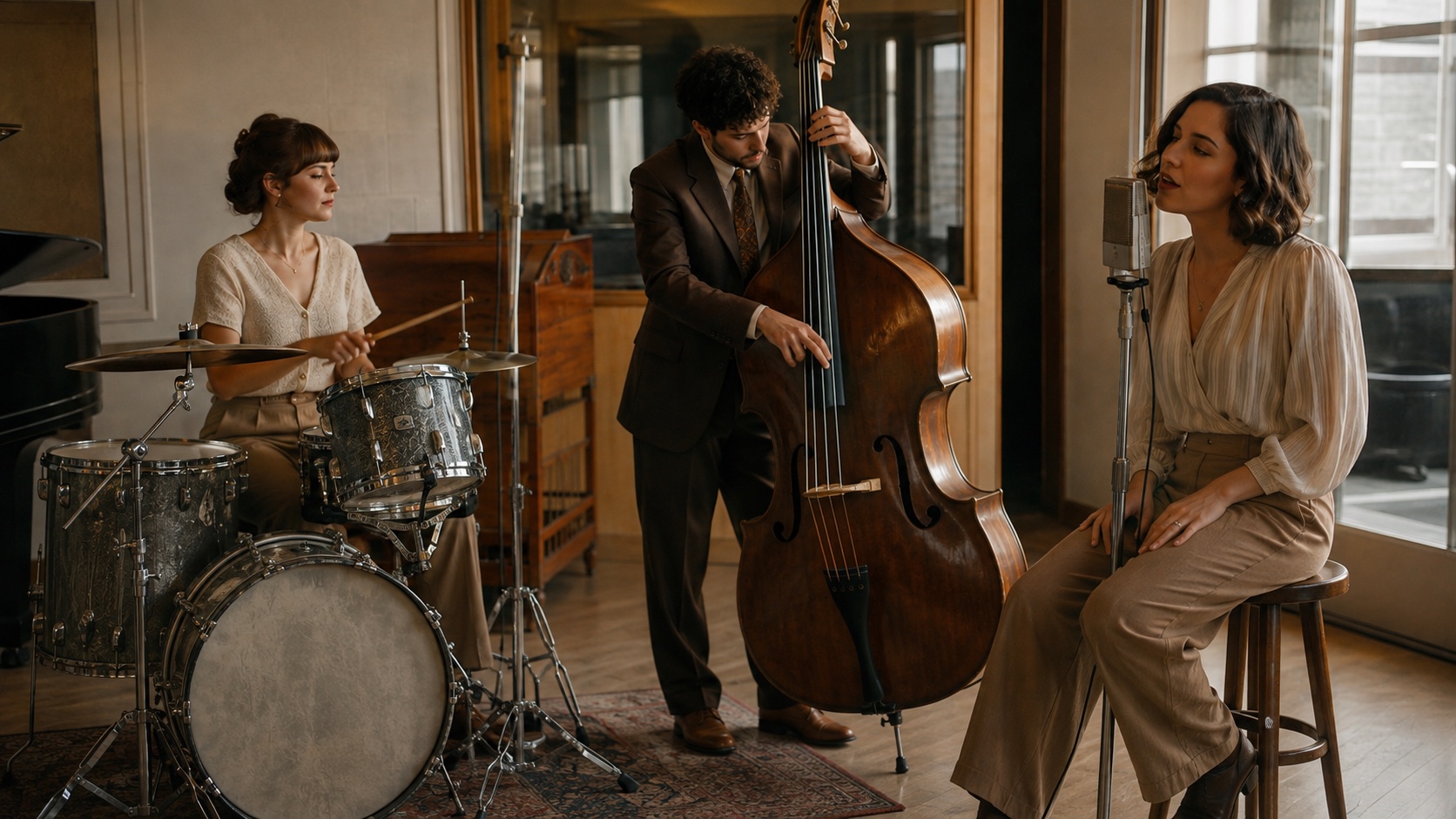 A drummer, upright bassist, and singer perform together in one complete wide shot inside a bright vintage recording room