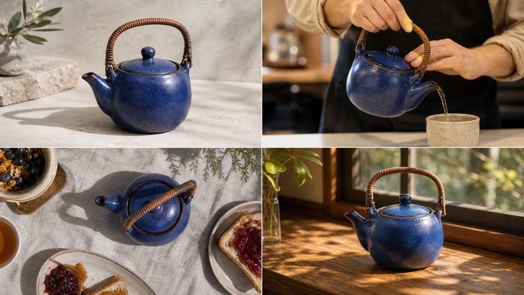 Four finished product-video frames preserve the same cobalt-blue teapot, rattan handle, glaze, and silhouette across hero, pouring, overhead, and window-side compositions