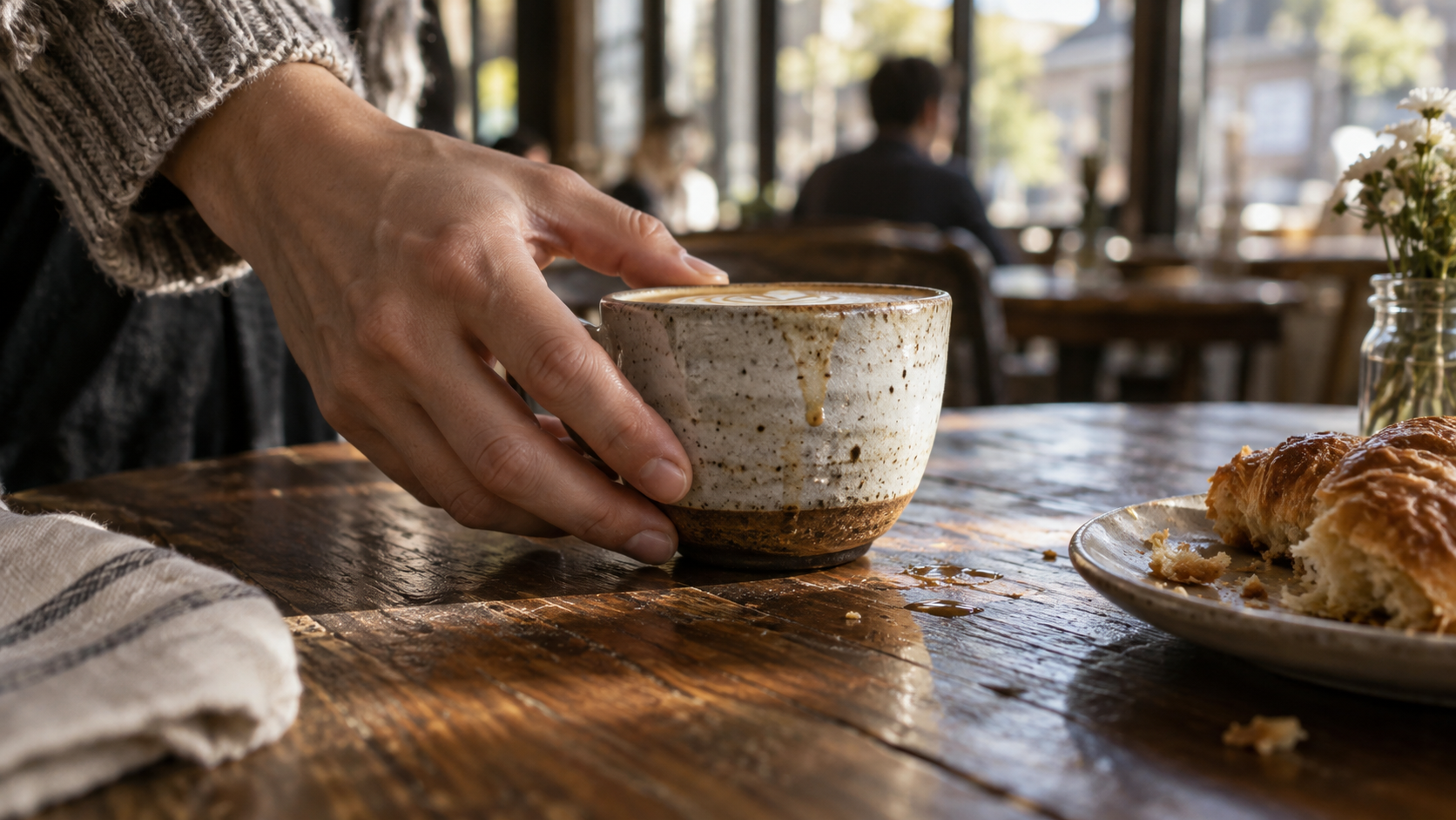 Primer plano editorial de una taza de cerámica colocada sobre una mesa real de cafetería
