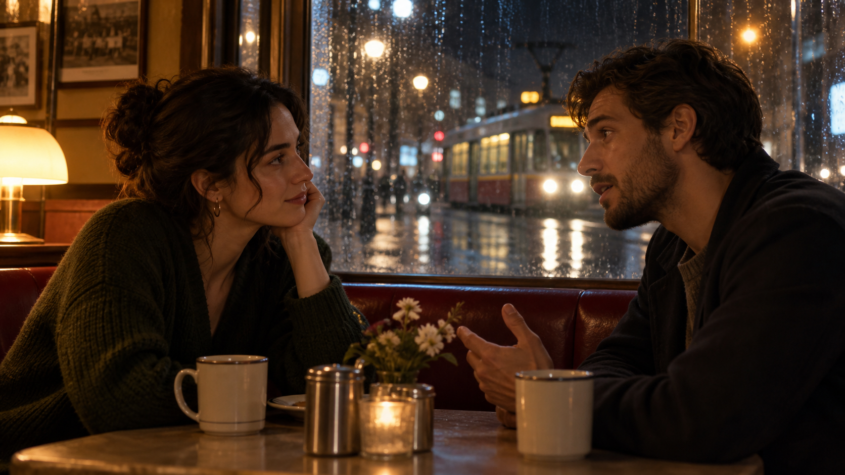 Diálogo cinematográfico en un restaurante con dos hablantes visibles junto a una ventana empañada por la lluvia