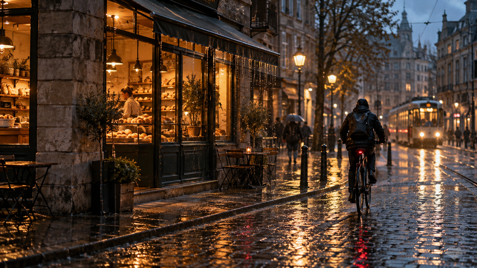 Escena fotorealista de una calle lluviosa con una fuente sonora claramente identificable y ambientes estratificados