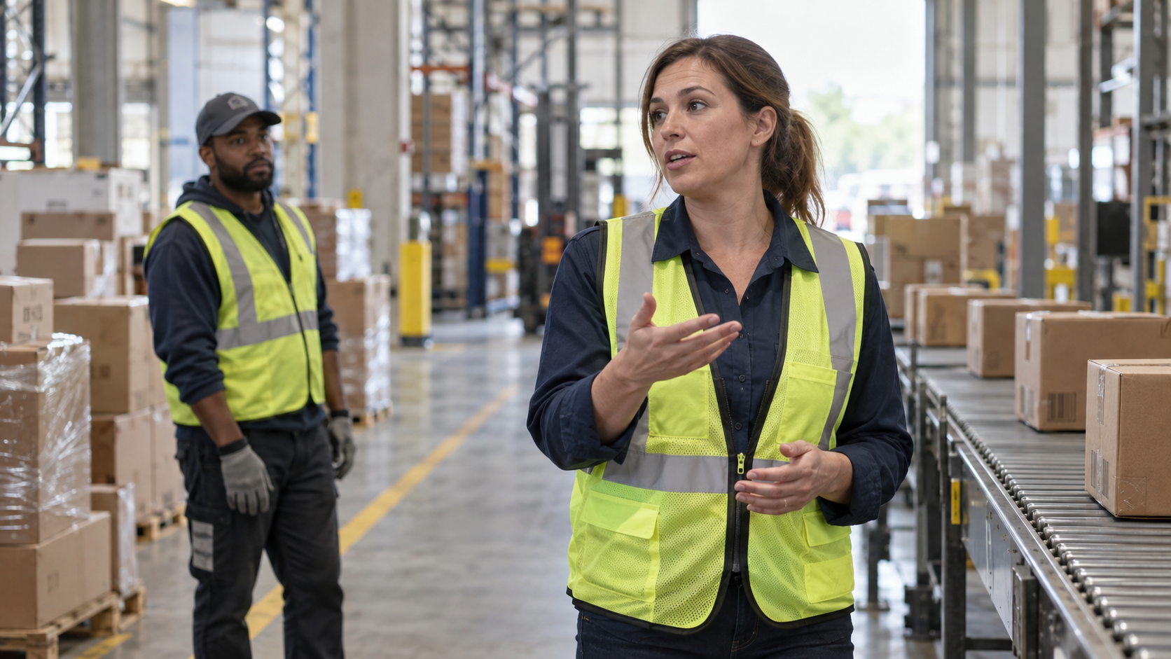 Operations manager explaining a warehouse safety step beside a conveyor