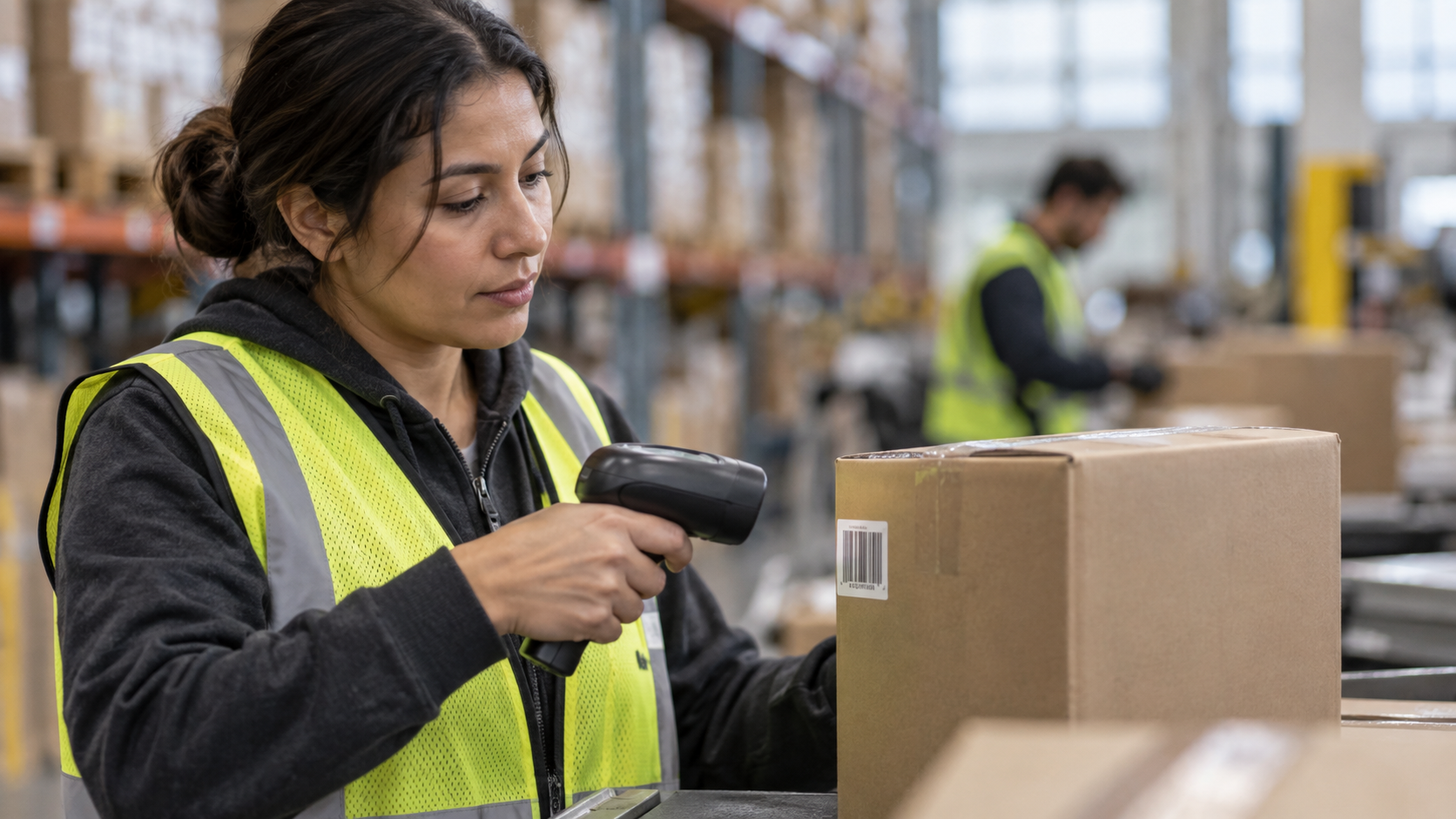 Warehouse employee scanning a parcel as a clear training-video action