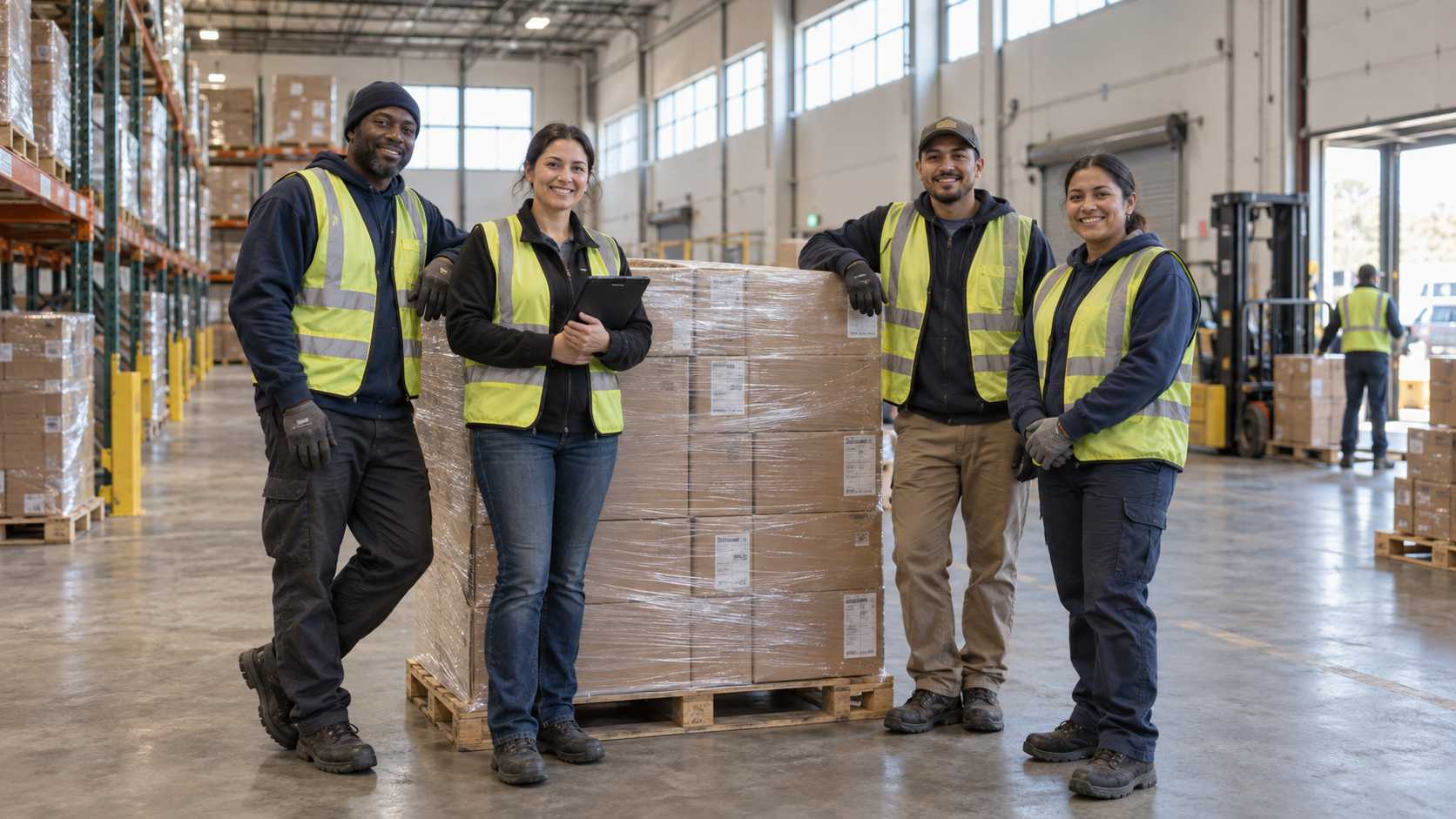 Warehouse team beside a completed pallet in a clear closing frame