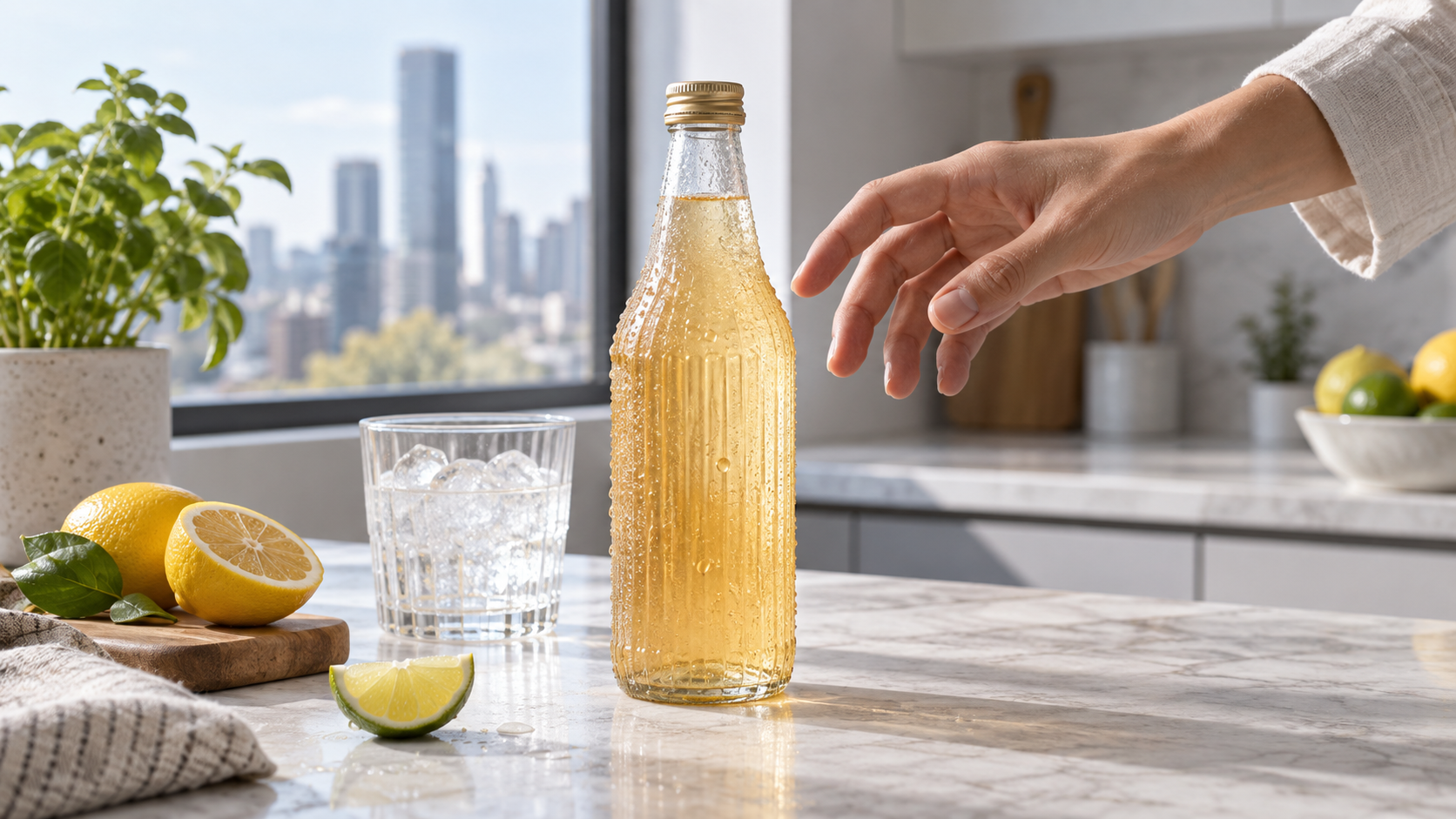Une bouteille en verre transparente contenant une boisson et une main naturellement posée dans une cuisine lumineuse