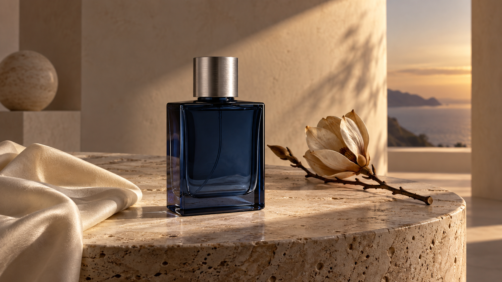 Une bouteille de parfum bleue haut de gamme, non marquée, posée sur du travertin à côté de soie et d’une branche de magnolia