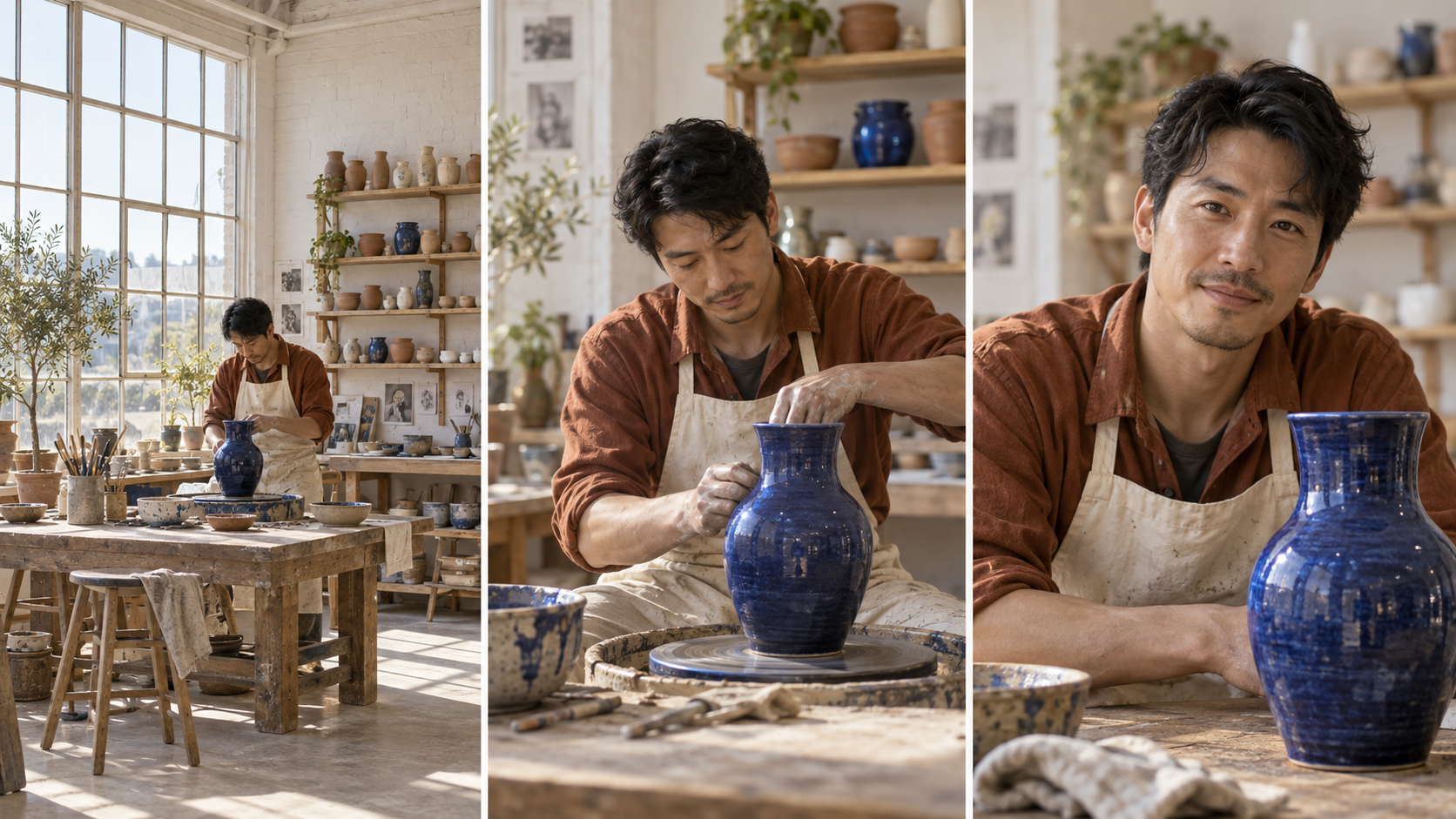 Wide, medium and close continuity frames of one ceramic artist and cobalt vase