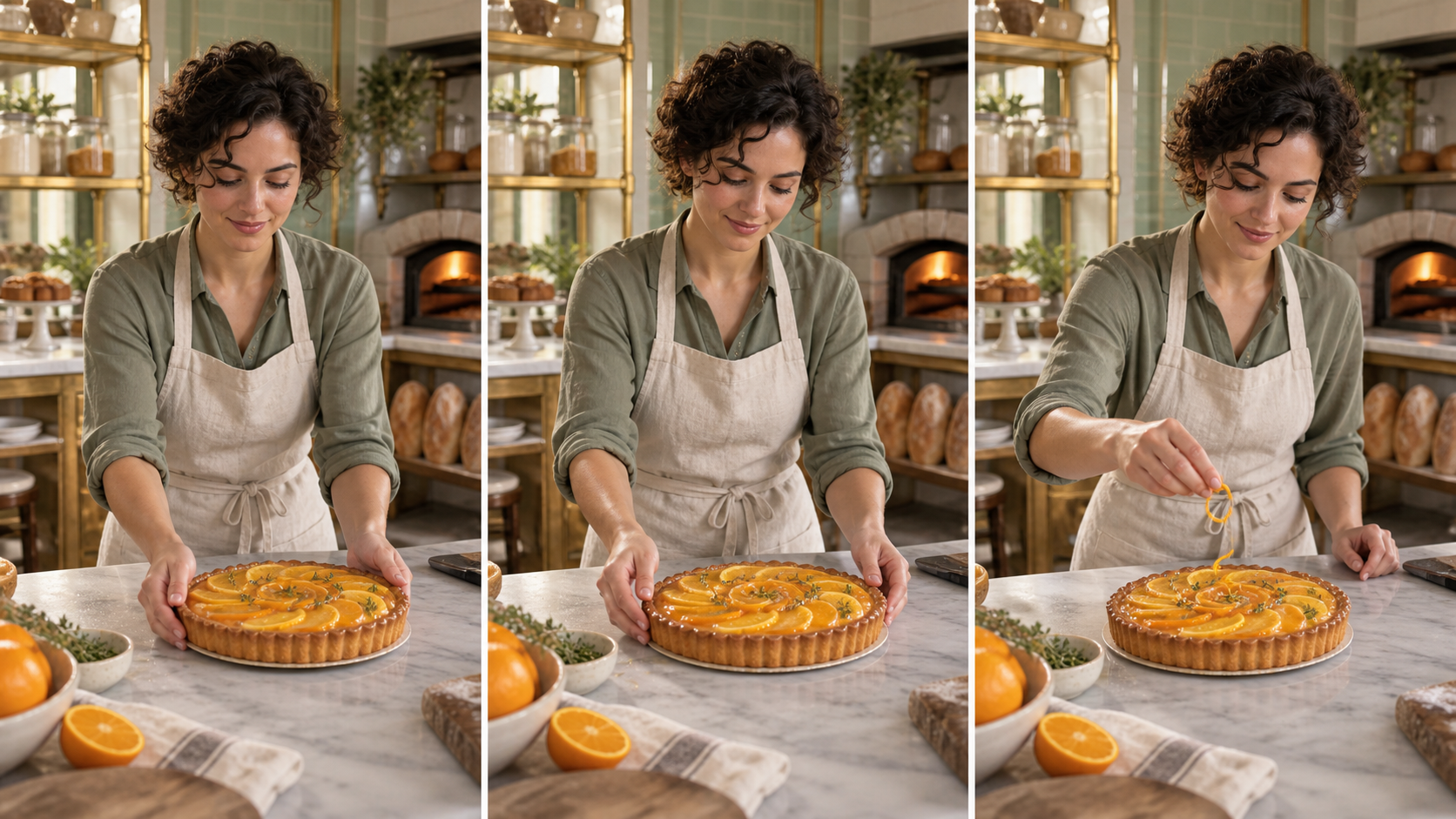 Three continuous pastry-action keyframes showing one subject, set and tart
