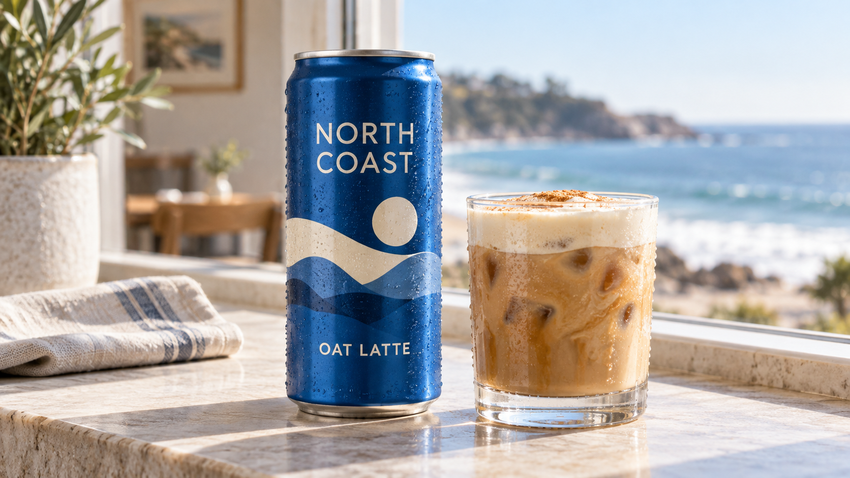Вымышленная банка «North Coast Oat Latte» рядом со стаканом в светлой кофейне