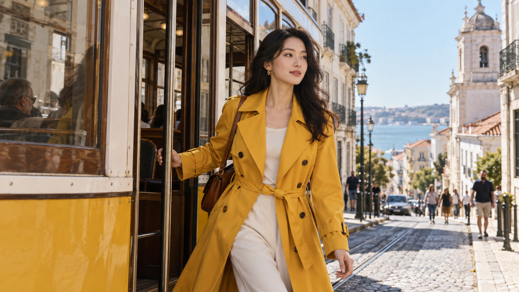 Finished reference-led fashion film frame with a woman stepping from a yellow tram