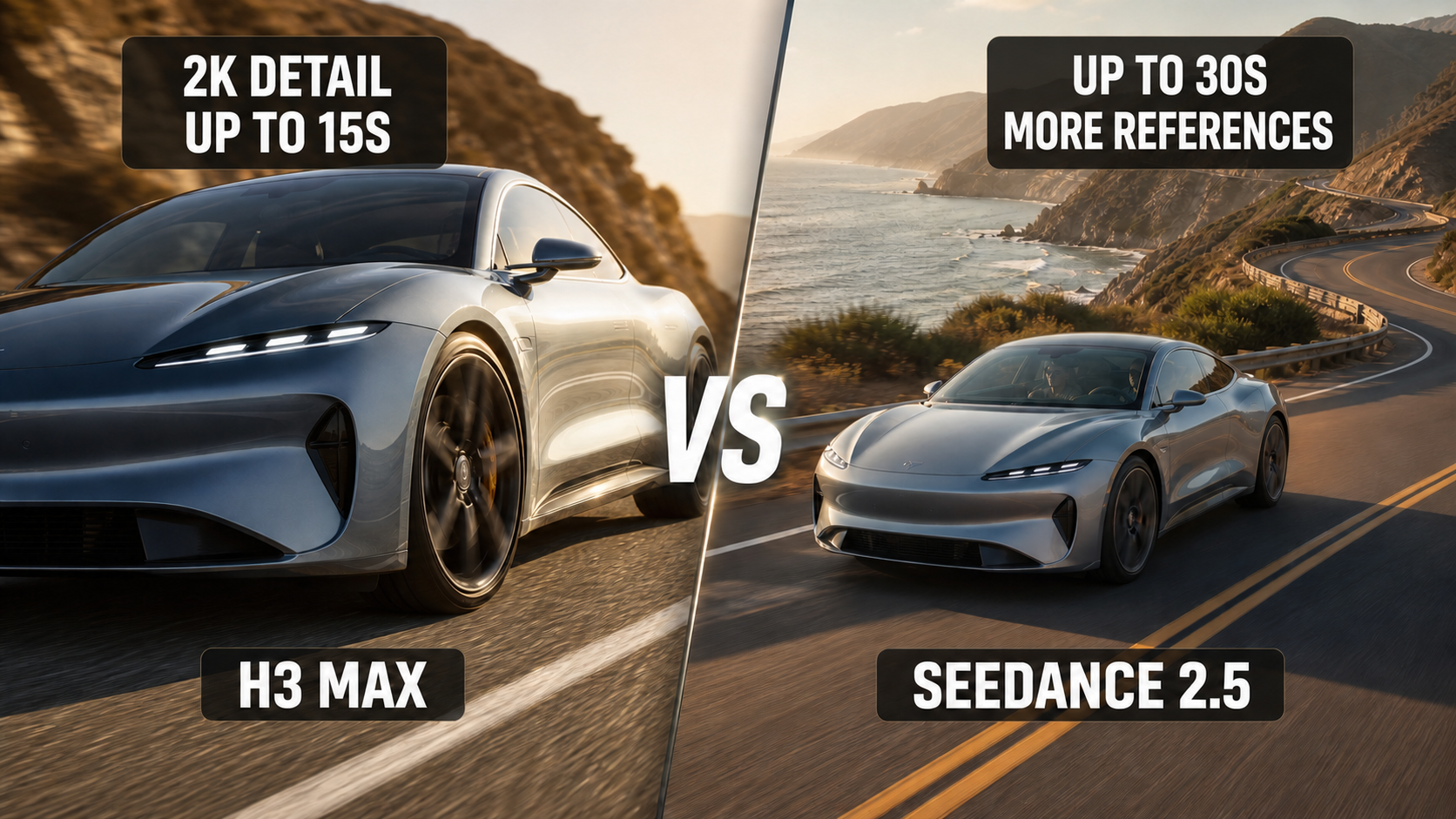 H3 Max and Seedance 2.5 face off with their key resolution, duration, and reference advantages shown in a two-panel comparison