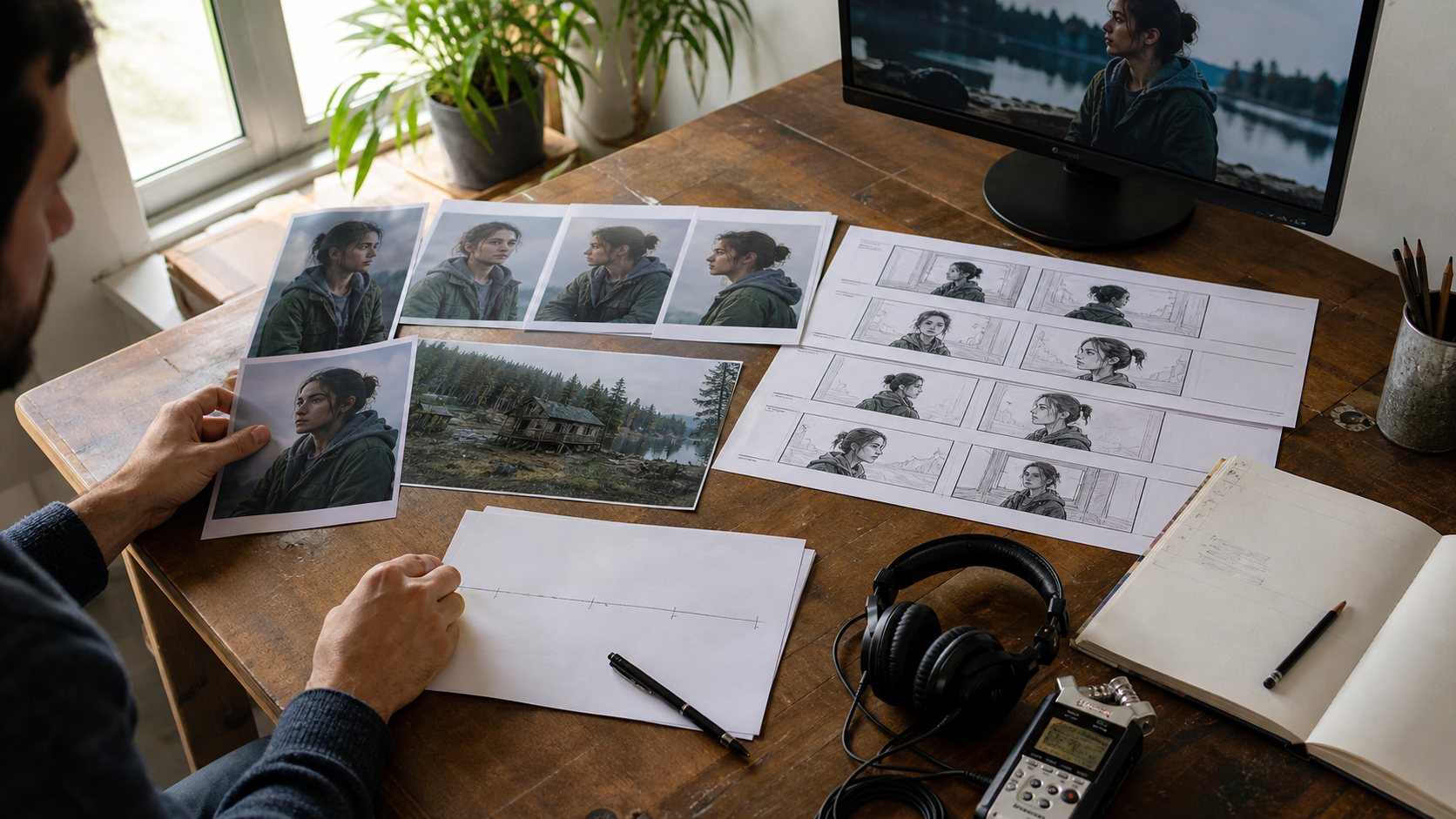 A creator organizes character portraits, storyboards, a location image, and audio material for one longer sequence