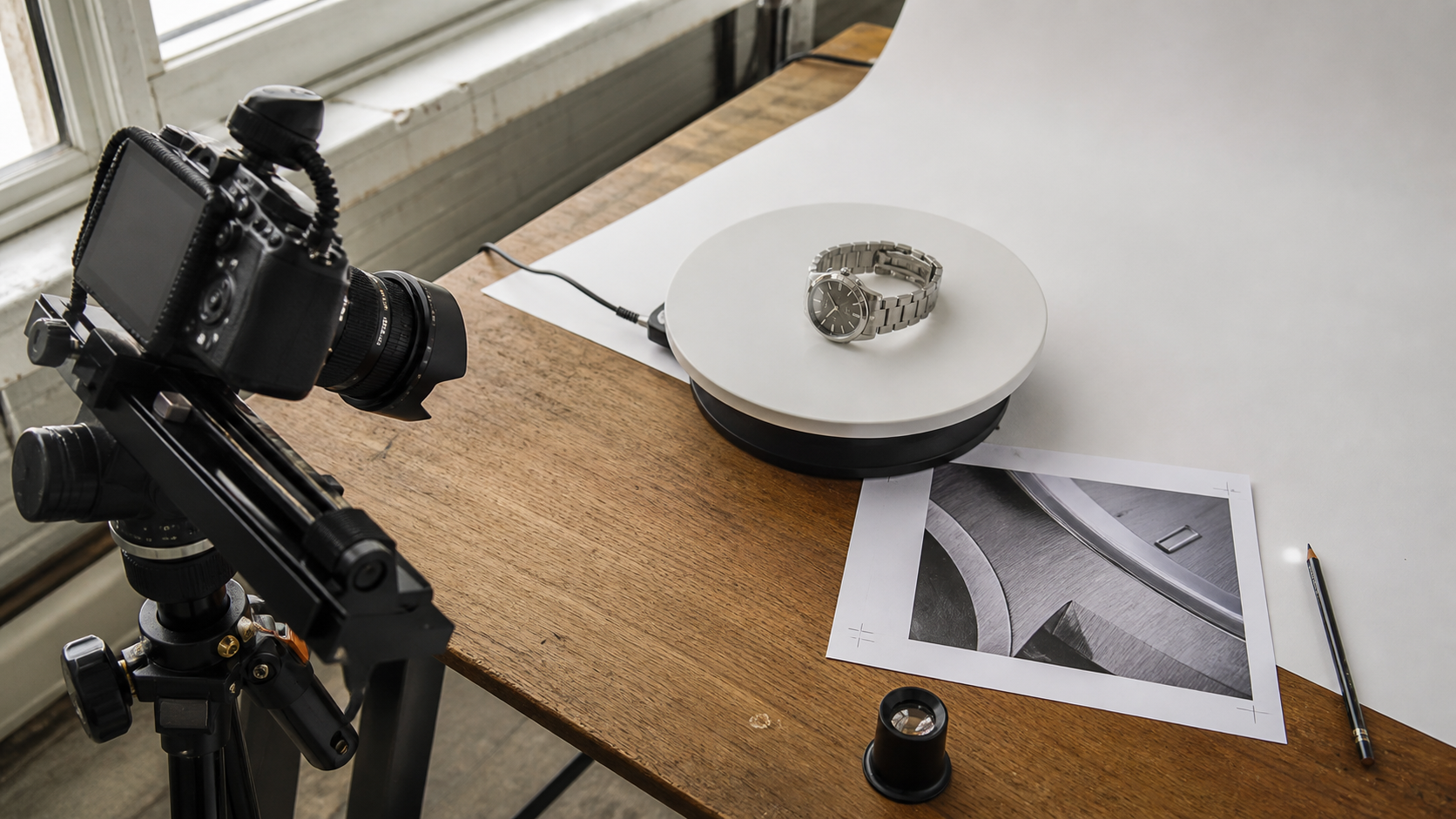 A real macro product setup pairs a full watch shot with a printed close crop for detail review