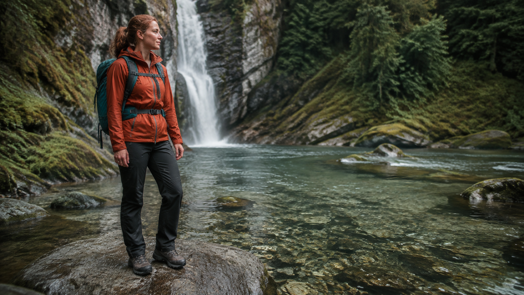 Um guia de expedição ao lado de uma cachoeira, com botas visíveis e espaço claro na direção de seu deslocamento