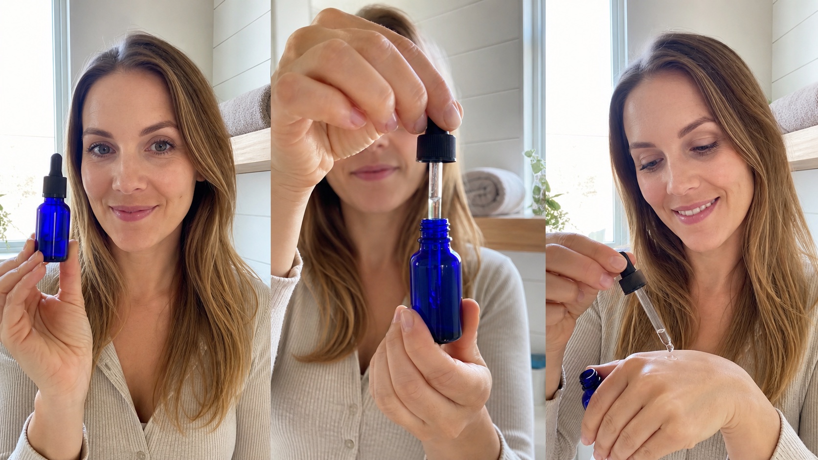 Three-shot AI UGC product test with a consistent creator and cobalt serum bottle