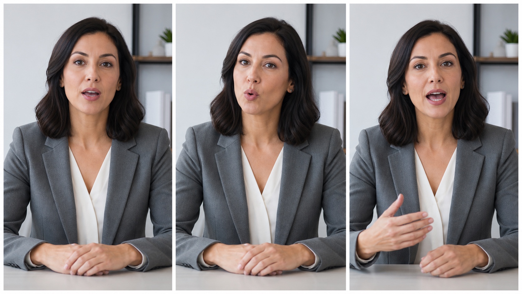 Three-frame presenter test showing consistent identity and distinct mouth shapes