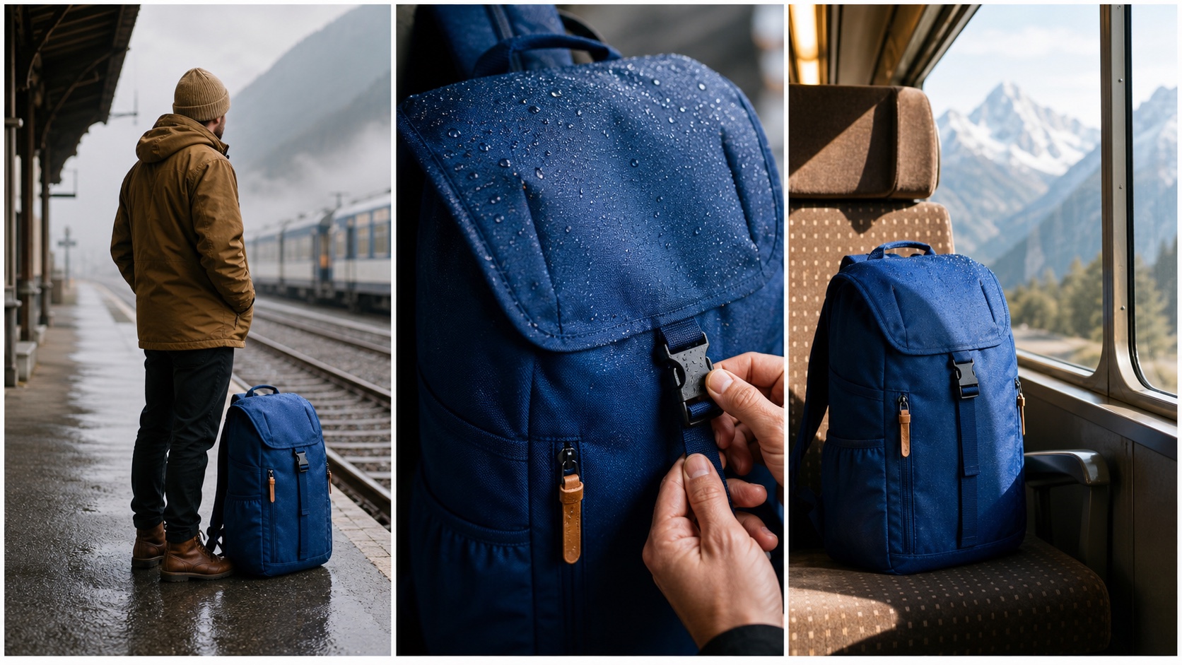 Three-shot cinematic travel backpack story across a wet platform, product detail, and alpine train