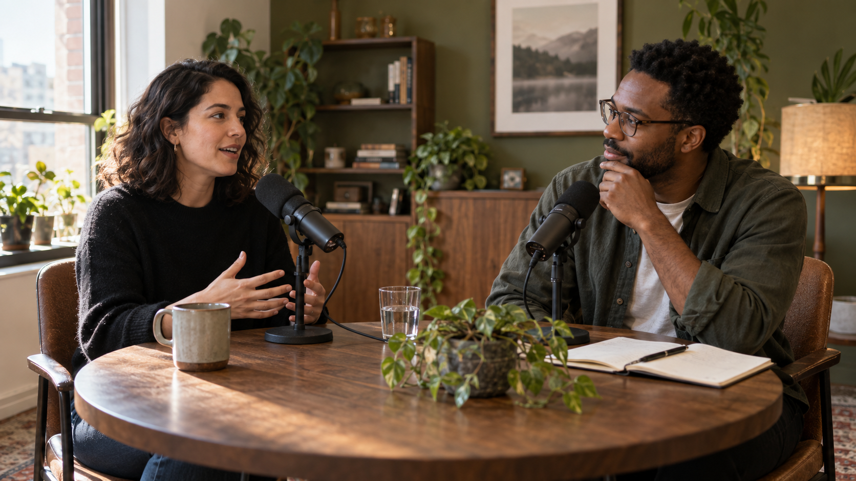 Illustrative two-person podcast conversation with clear speaker positions and separate microphones