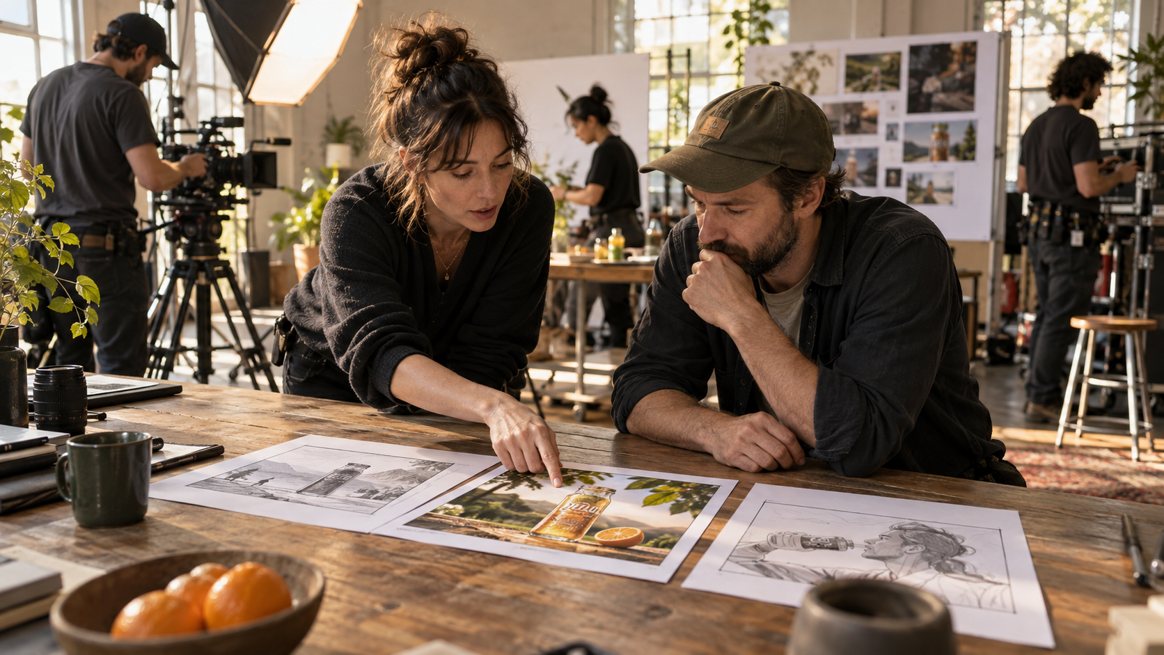 Editorial film-production scene showing a producer reviewing physical storyboards before a shoot