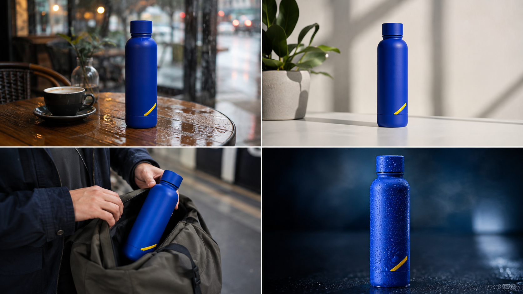 Four finished product-video frames preserving the same cobalt bottle across café, studio, commuter, and hero shots
