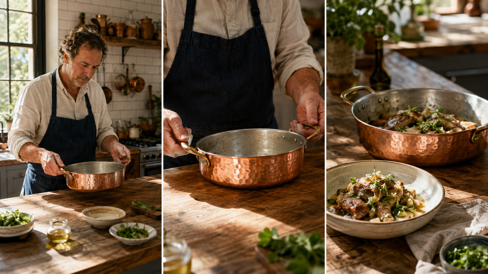 A controlled three-shot culinary sequence preserving the chef, copper pan, kitchen, and morning light