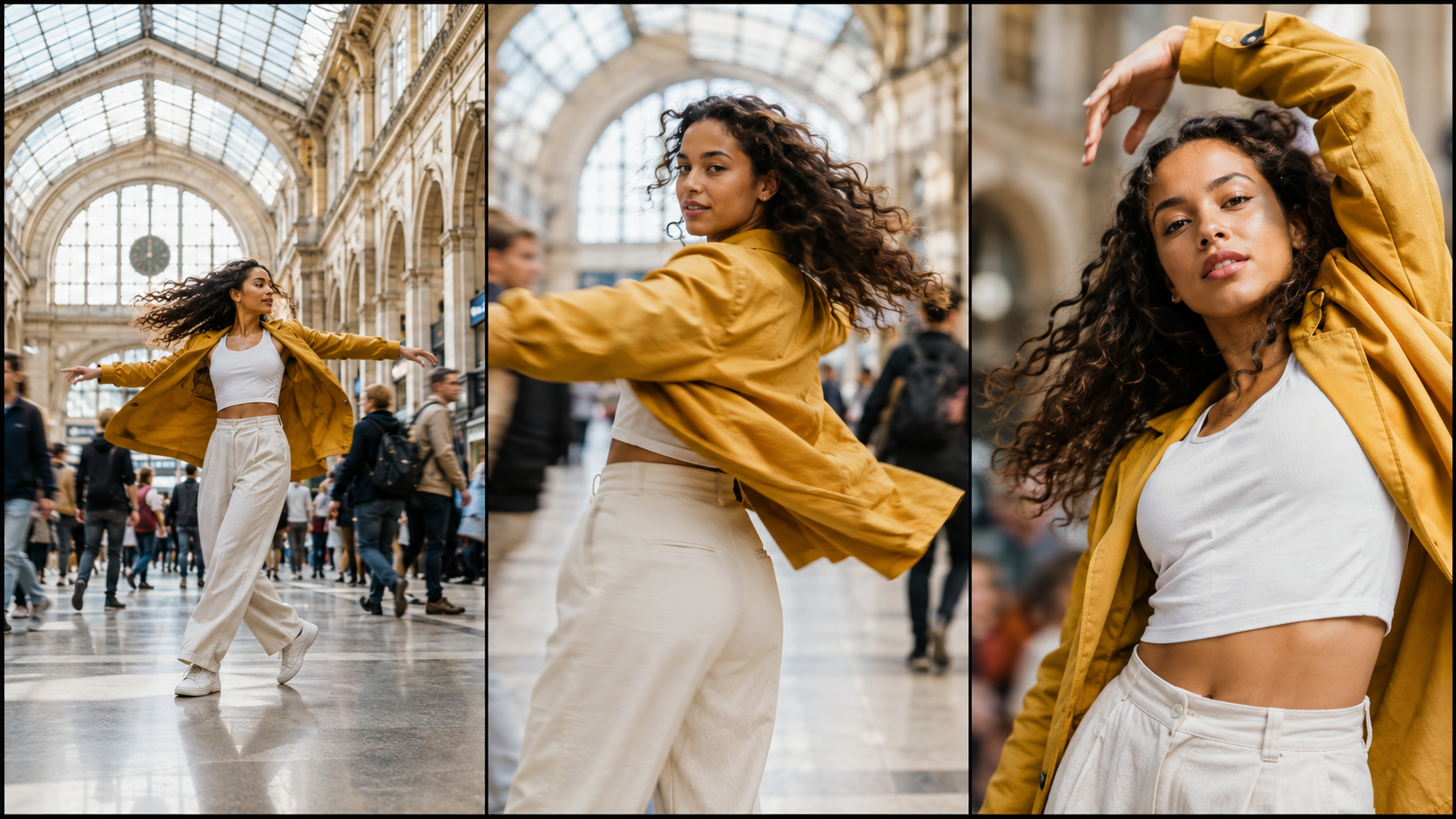 Three finished cinematic frames following the same dancer from a wide spin to a consistent close final pose