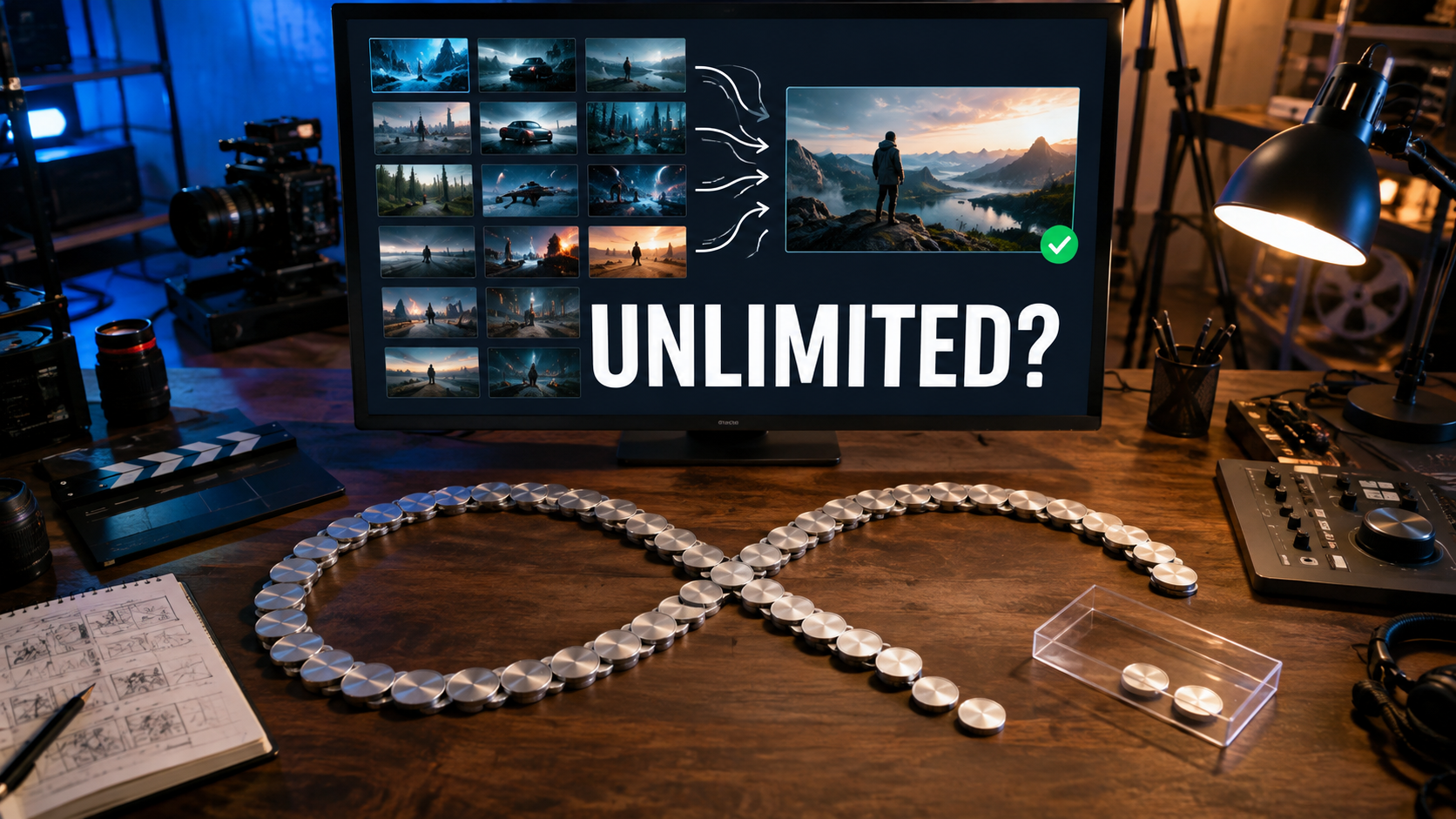 A production desk where many generations lead to one approved output while a broken token loop questions what unlimited really means