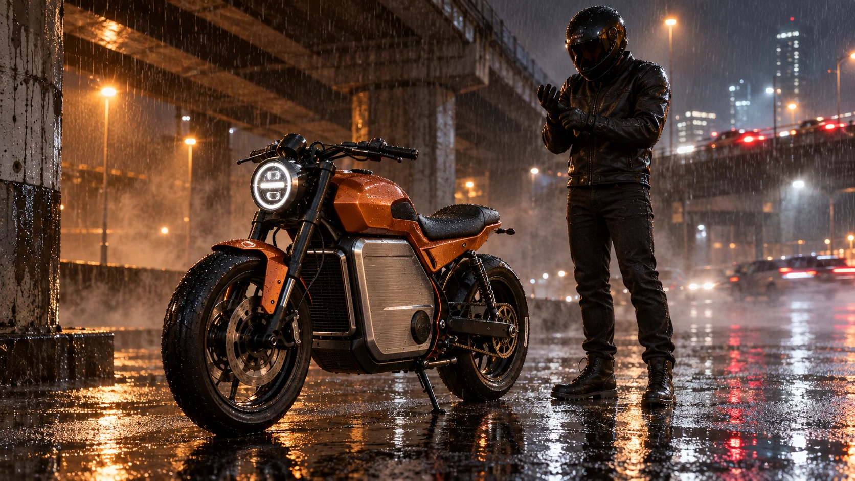 同じバイクとライダーが、音と雰囲気が重要な雨夜のシーンに登場