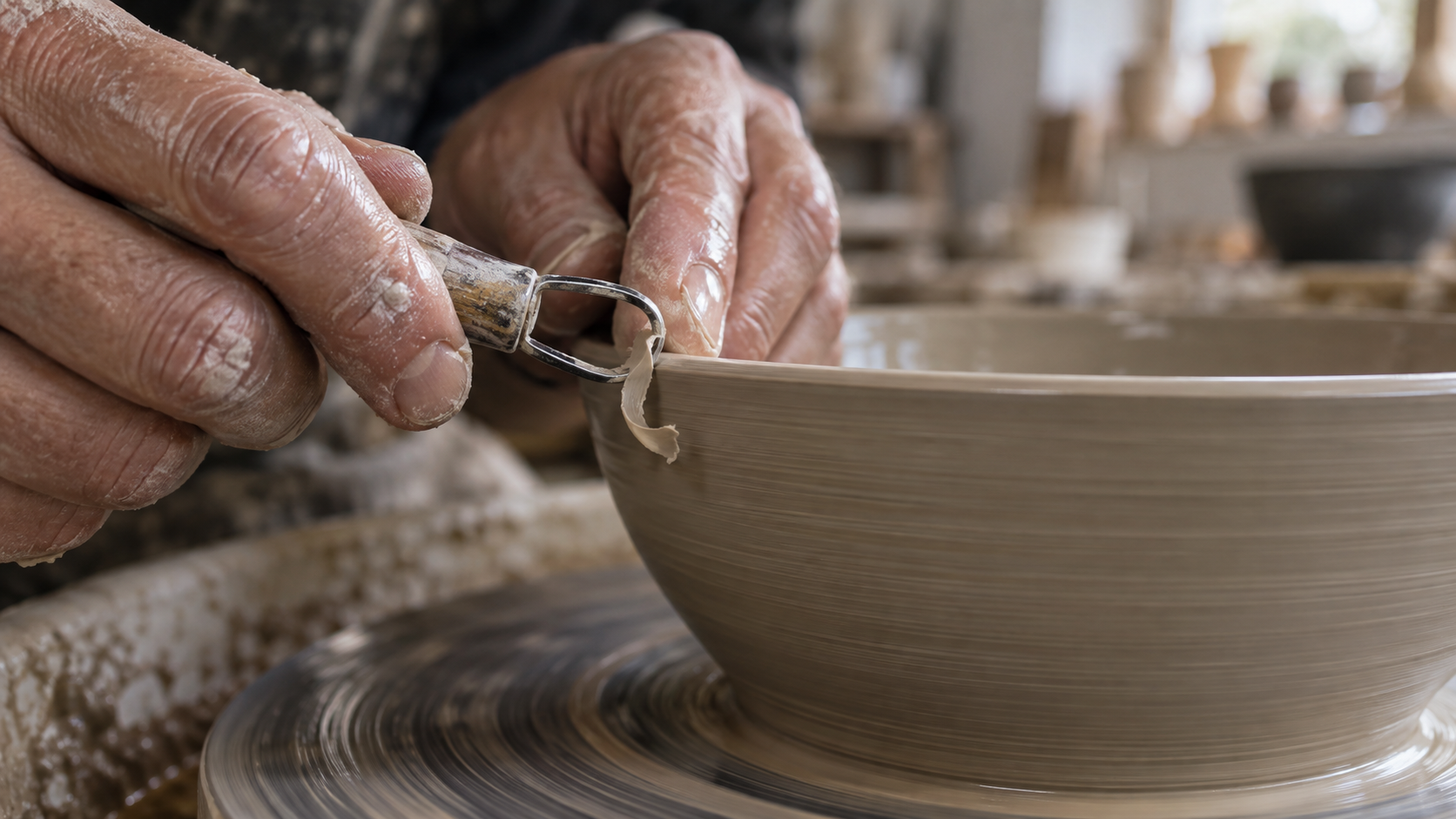 도자기 바퀴 위에서 손이 도자기 그릇 테두리를 조심스럽게 만지는 근접 디테일