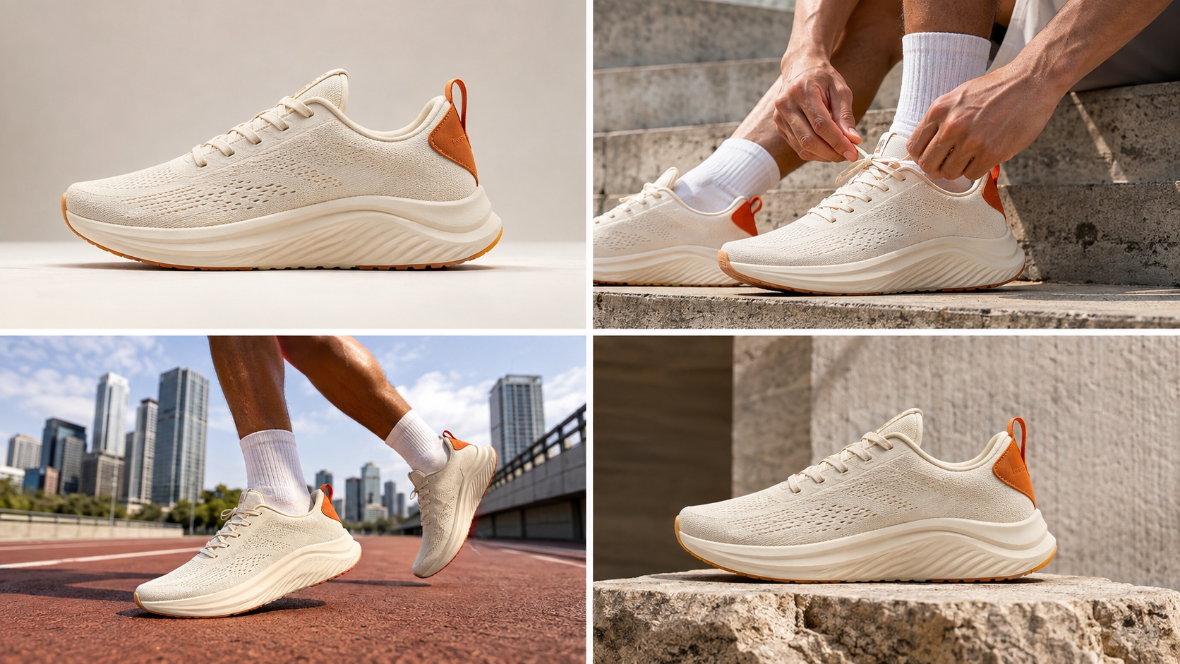 Four finished campaign frames preserving the same cream running shoe and orange heel detail across studio, lifestyle, motion, and hero compositions