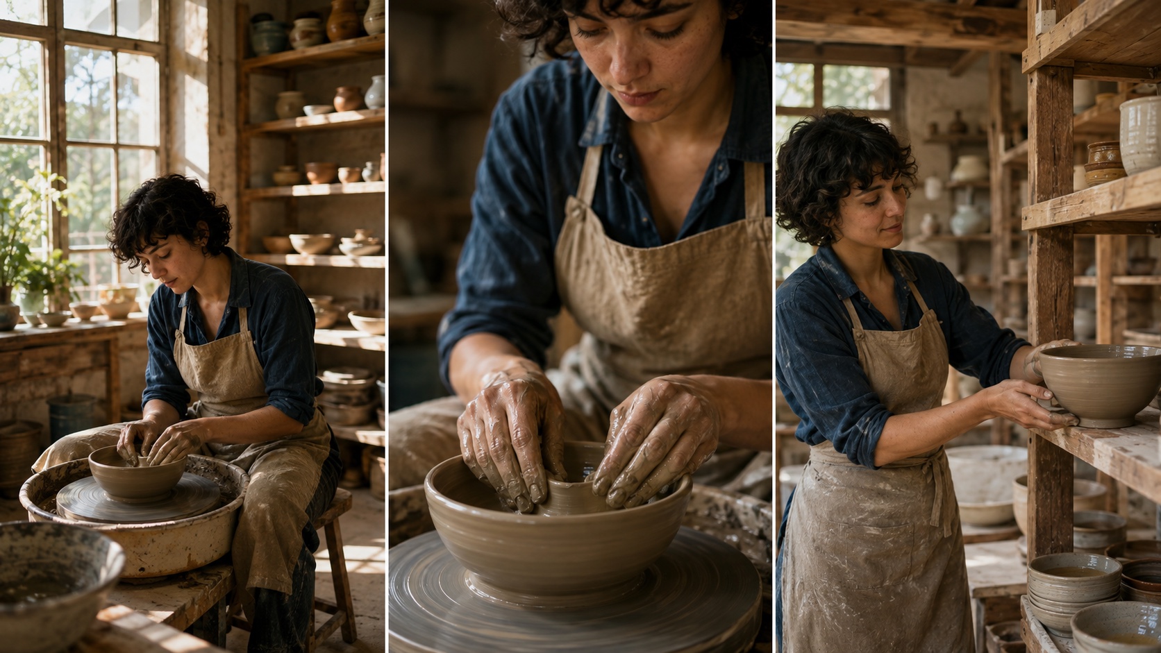 Three finished video frames following one potter from a wide studio view to a hand close-up and a final shelf placement