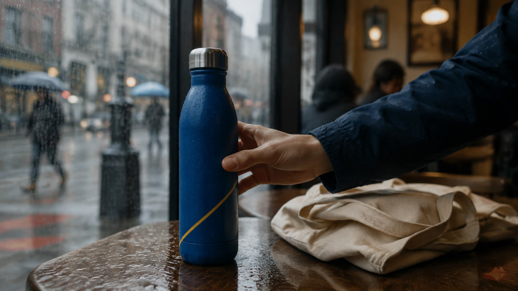 Finished AI video product-ad frame showing a blue bottle with its shape, color, and yellow accent preserved in a rainy café scene