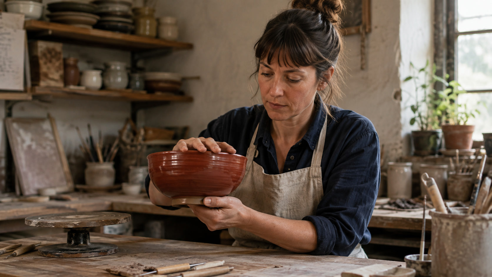 Finished AI video test frame of a ceramic artist turning a glazed bowl in a natural workshop