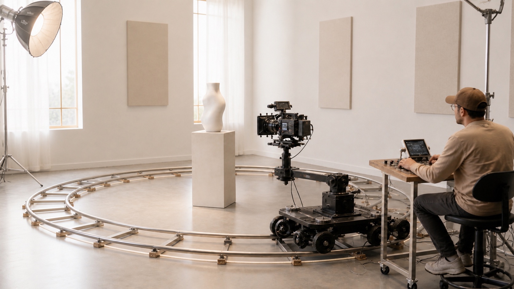 Un réalisateur contrôle une caméra de cinéma sur une piste circulaire autour d’un sujet céramique fixe