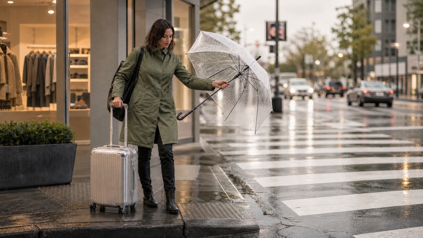 Benchmark de réalisme : une femme ouvrant un parapluie près d’une valise sur une rue mouillée