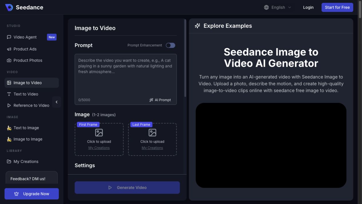 Seedance Image to Video workspace with prompt, frame uploads, settings, and examples