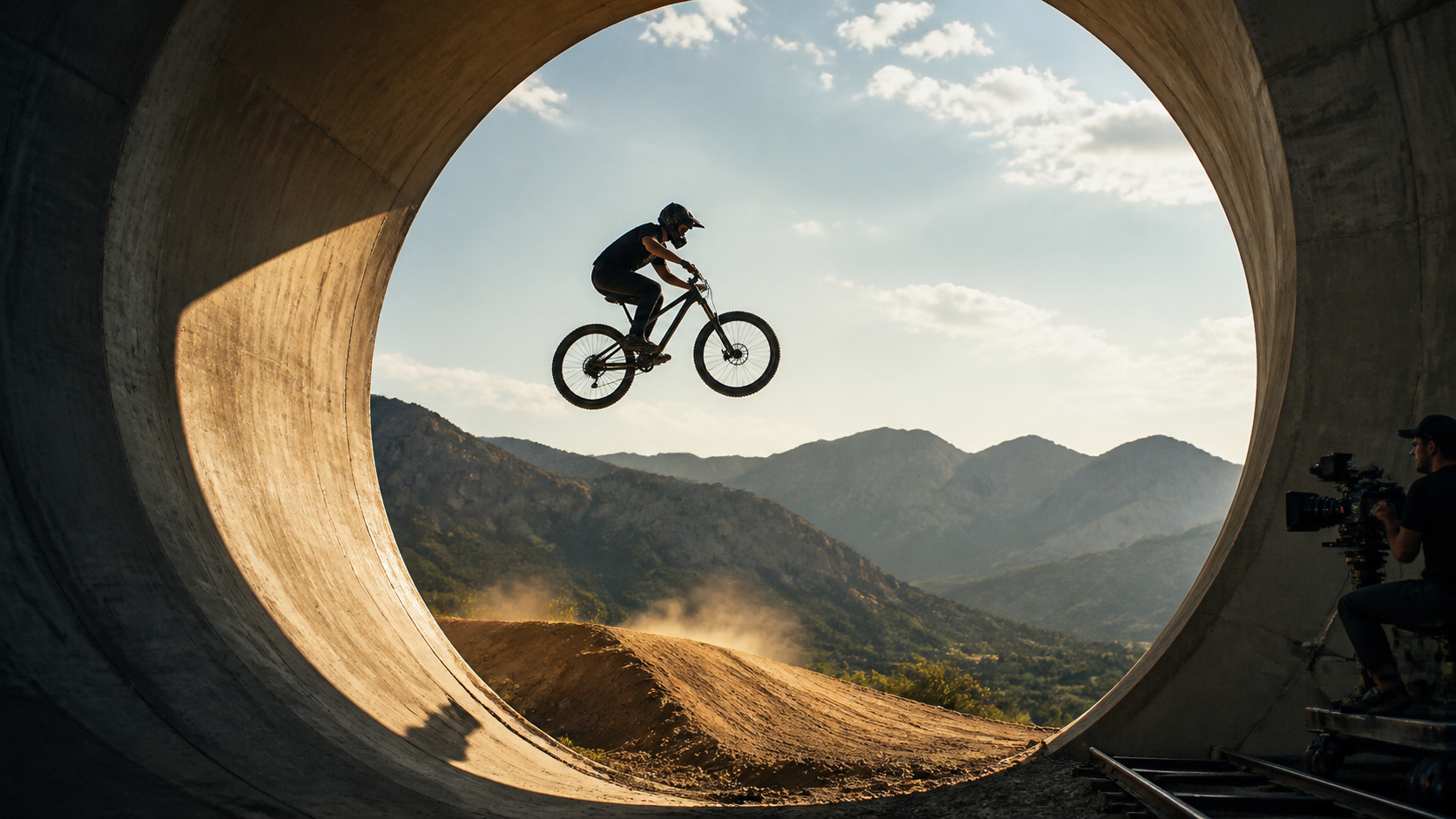 Un cycliste cascadeur maintenu dans une pose aérienne nette et lisible, tandis qu’une caméra cinématographique suit le saut à travers une canalisation circulaire en béton