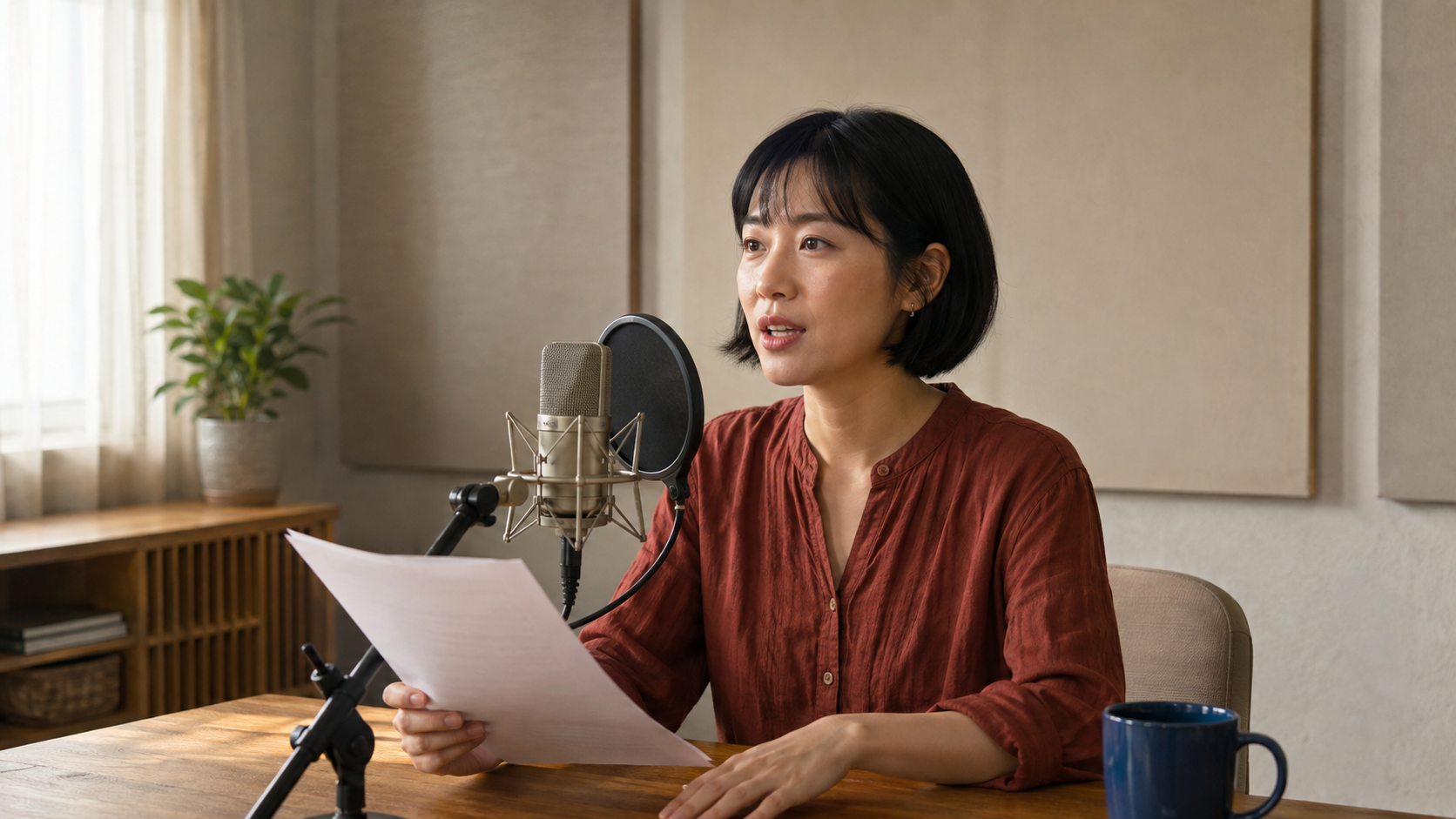 깨끗한 일광 조건의 음성 기준 녹음은 단일 화자, 단일 마이크 거리, 단일 중립적 연기를 포착함