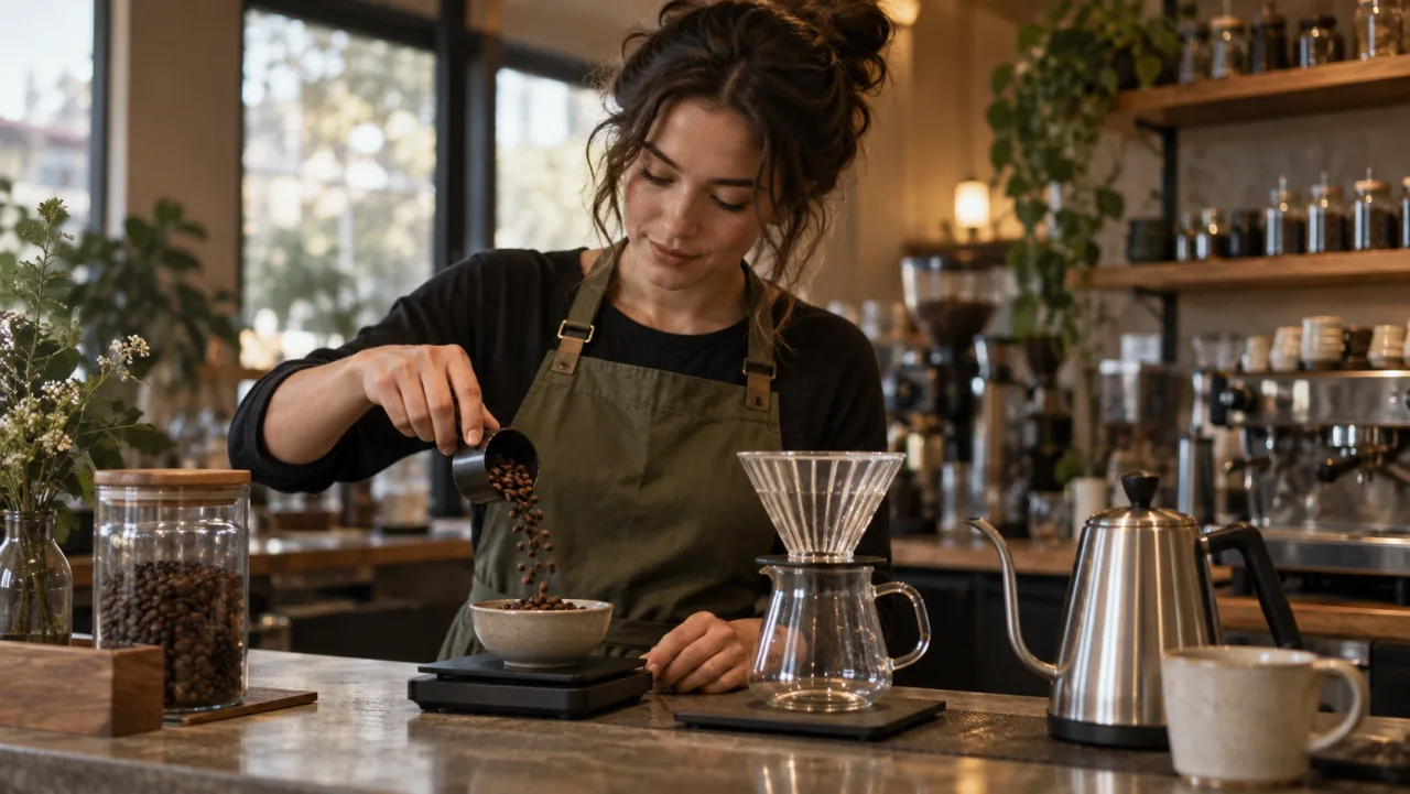 Barista misst Kaffeebohnen im definierten Ausgangszustand
