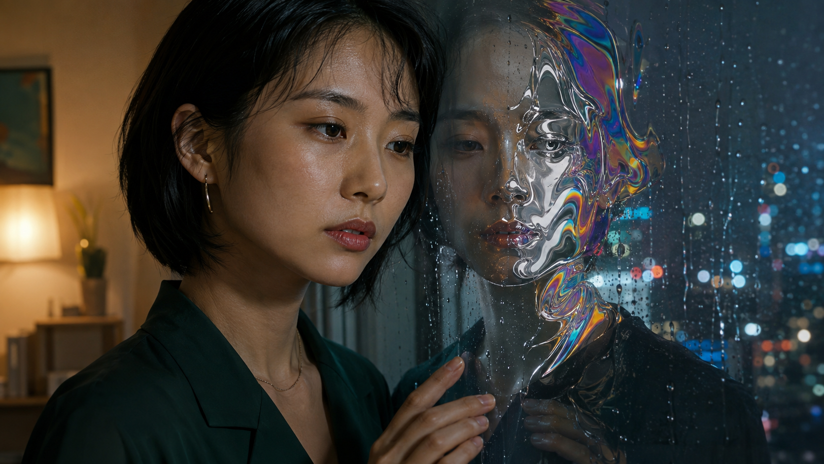 完成した映画的フレームでは、女性とアパートが認識可能なまま、雨のついた窓に映る彼女の反射が液体クロムへと変化している